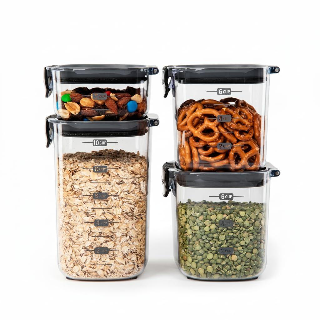 Progressive International Prokeeper+ 4-Piece Clear Plastic Modular Airtight Pantry Food/Snack Kitchen Storage Organization Conta