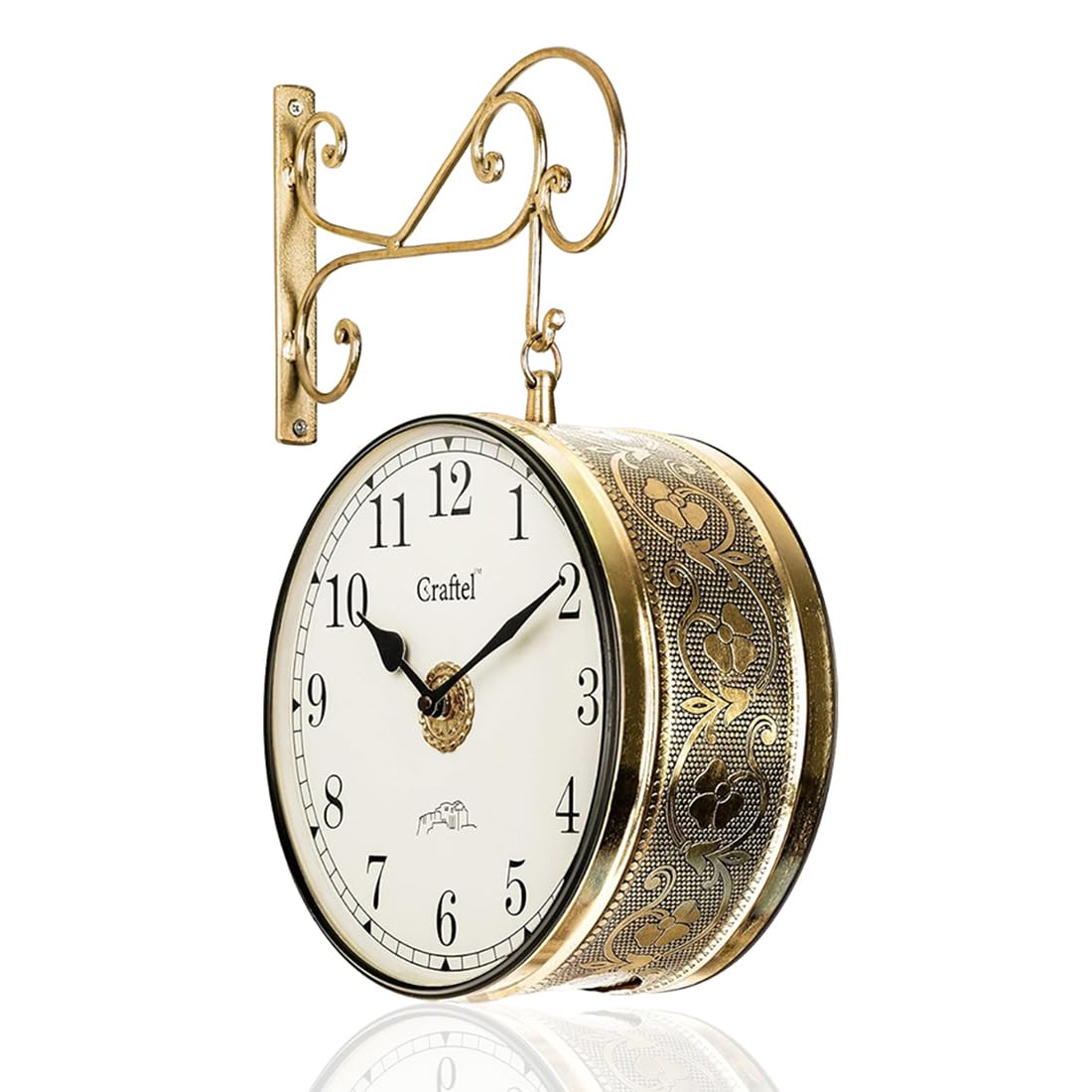 CRAFTEL Metal Analog Double Sided Vintage English Roman Station Wall Clock with Brass in dial (Golden_10 Inches)