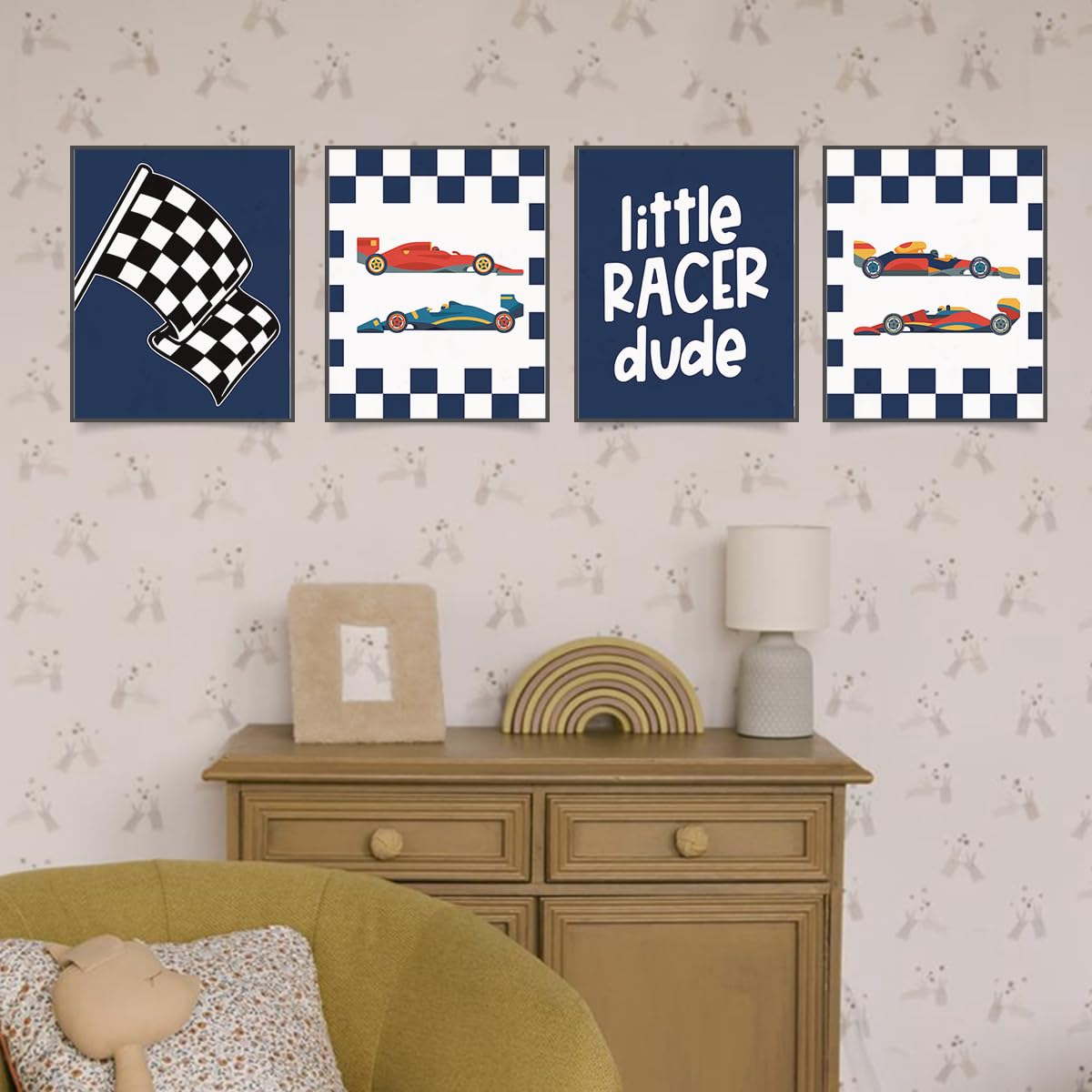 Plkmn Race Car Room Decor For Boys,Little Racer Dude 8X10 Art Print,Buffalo Plaid Decor,Inspirational Boys Room Quote Wall Art P