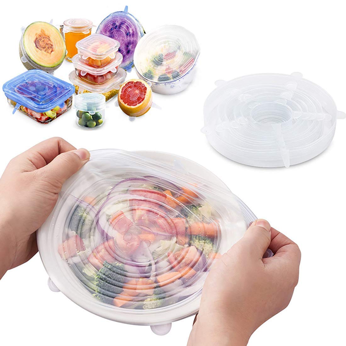 Silicone Stretch Lids, Reusable Plastic Wrap Alternative, 6Pack Eco Friendly Food Storage Covers, Clear Color (White)