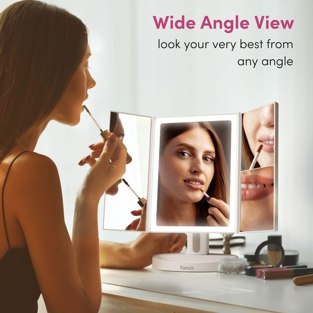 Fancii Trifold LED Makeup Mirror - Rechargeable, 5X & 10X Magnification, Touch Screen, White, 11"L x 7"W, Model FC-RVMM151