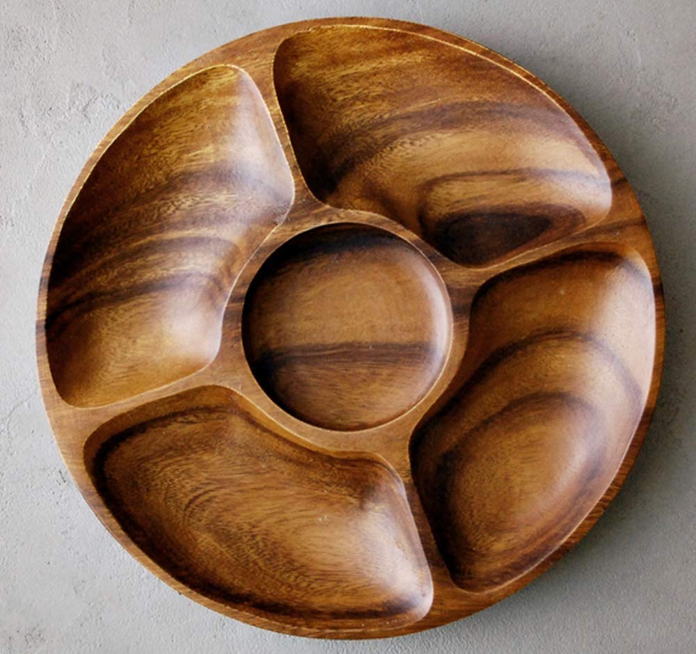 Diameter 12'' Premium Acacia Wooden 5-Compartment Divided Round Wood Plate Divided Dessert Serving Trays Platters 5 Section
