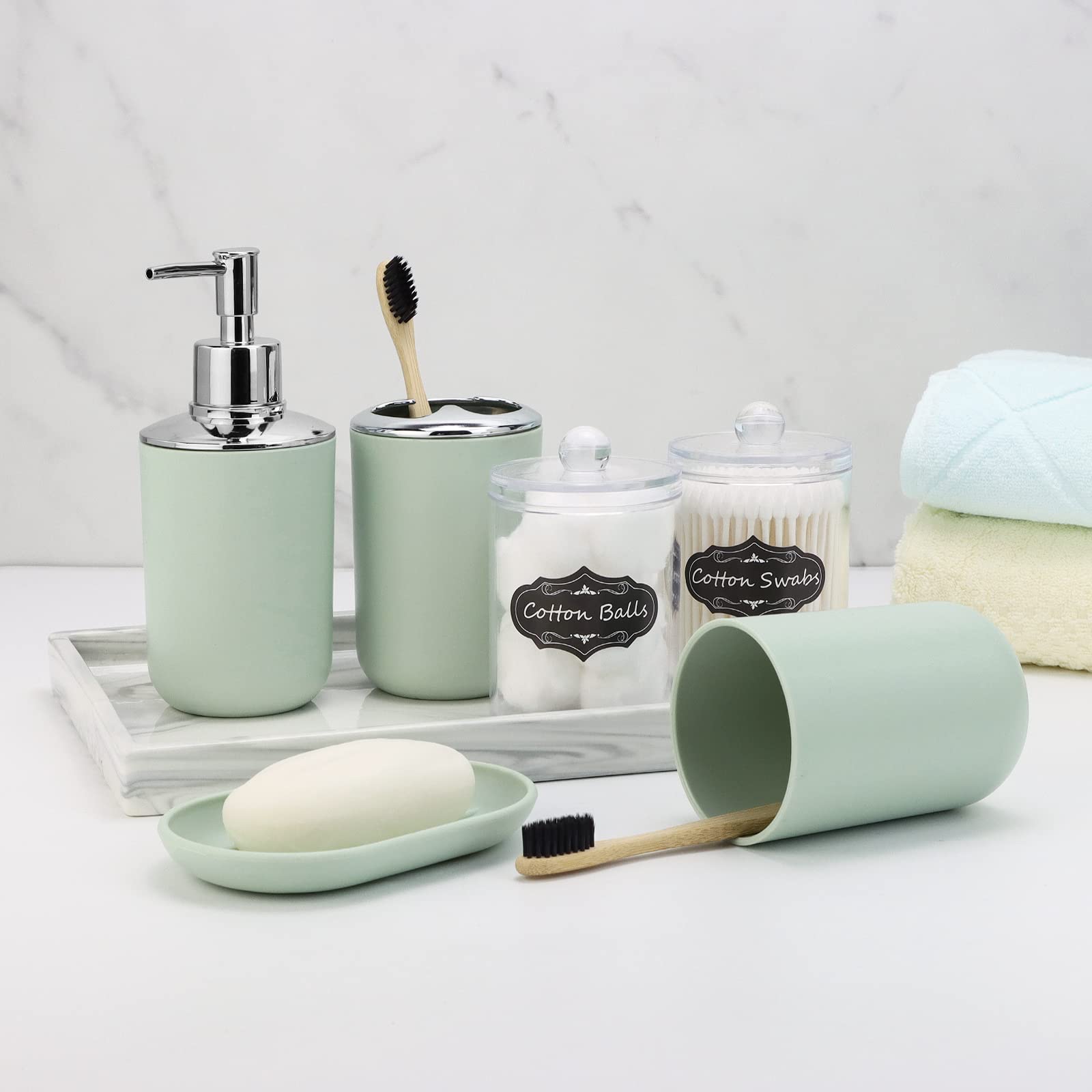 Imavo Bathroom Set - 9 Pcs Green Bathroom Accessories Set With Trash Can,Tray,Soap Dispenser,Soap Dish, Toothbrush Holder,Toothb