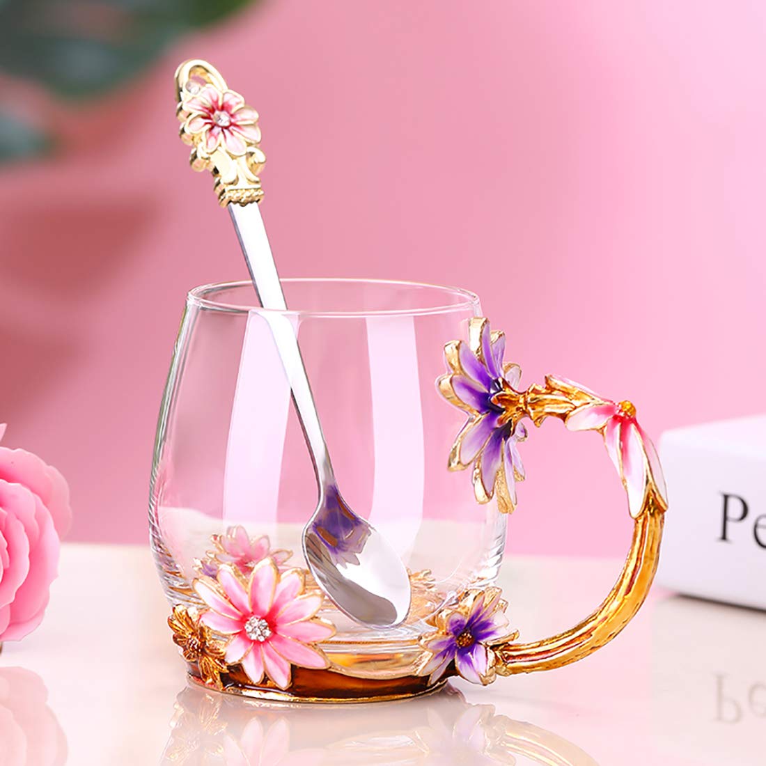 Evecase Daisy Flower Glass Mugs Tea Cup With Steel Spoon,Tea Lovers Gifts For Women,Wife,Mom,Female,Friends,Birthday,Mothers Day