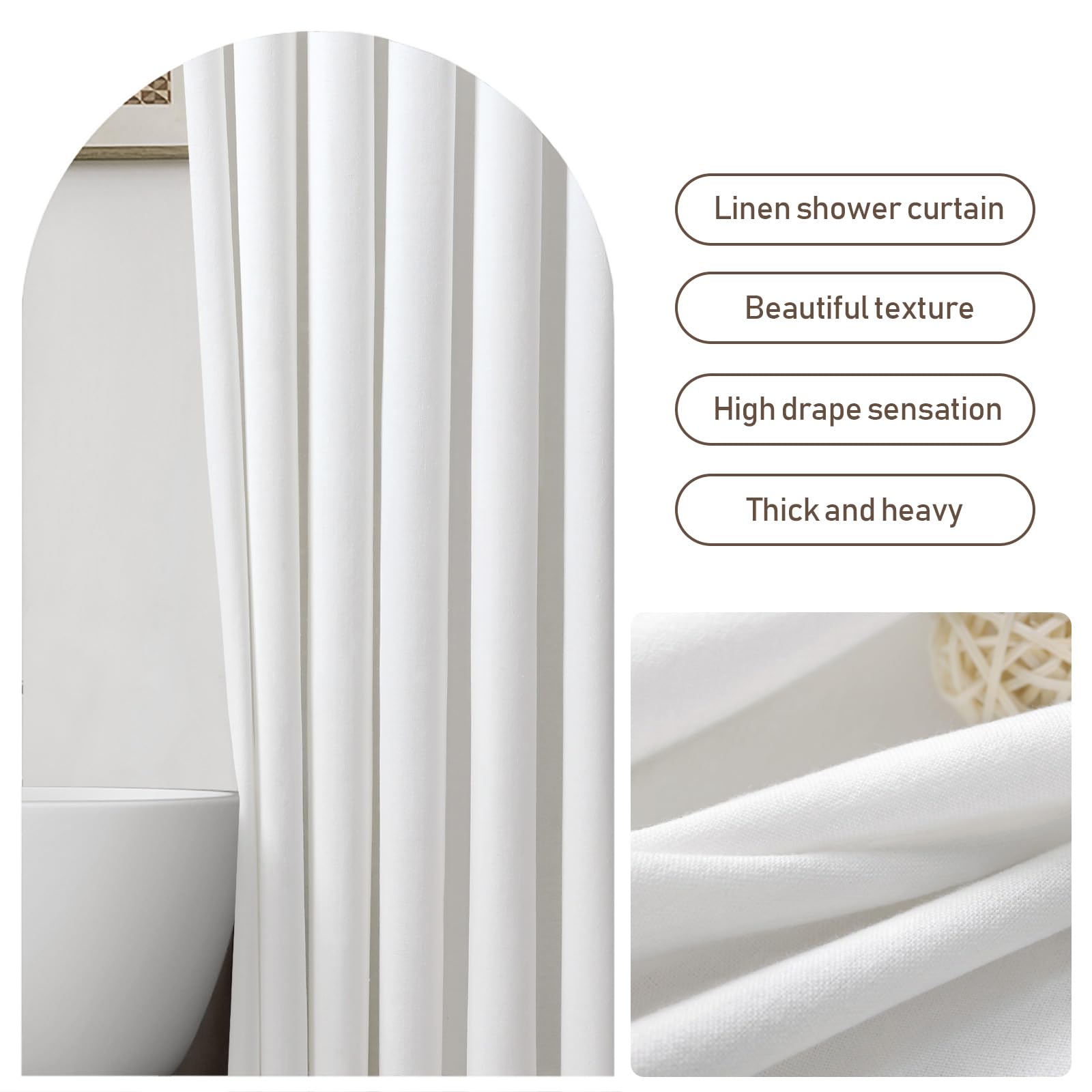 Awellife White Linen Shower Curtain For Bathroom Stall Natural Cotton Cloth Fabric Farmhouse Boho Shower Curtain With 10 Durable