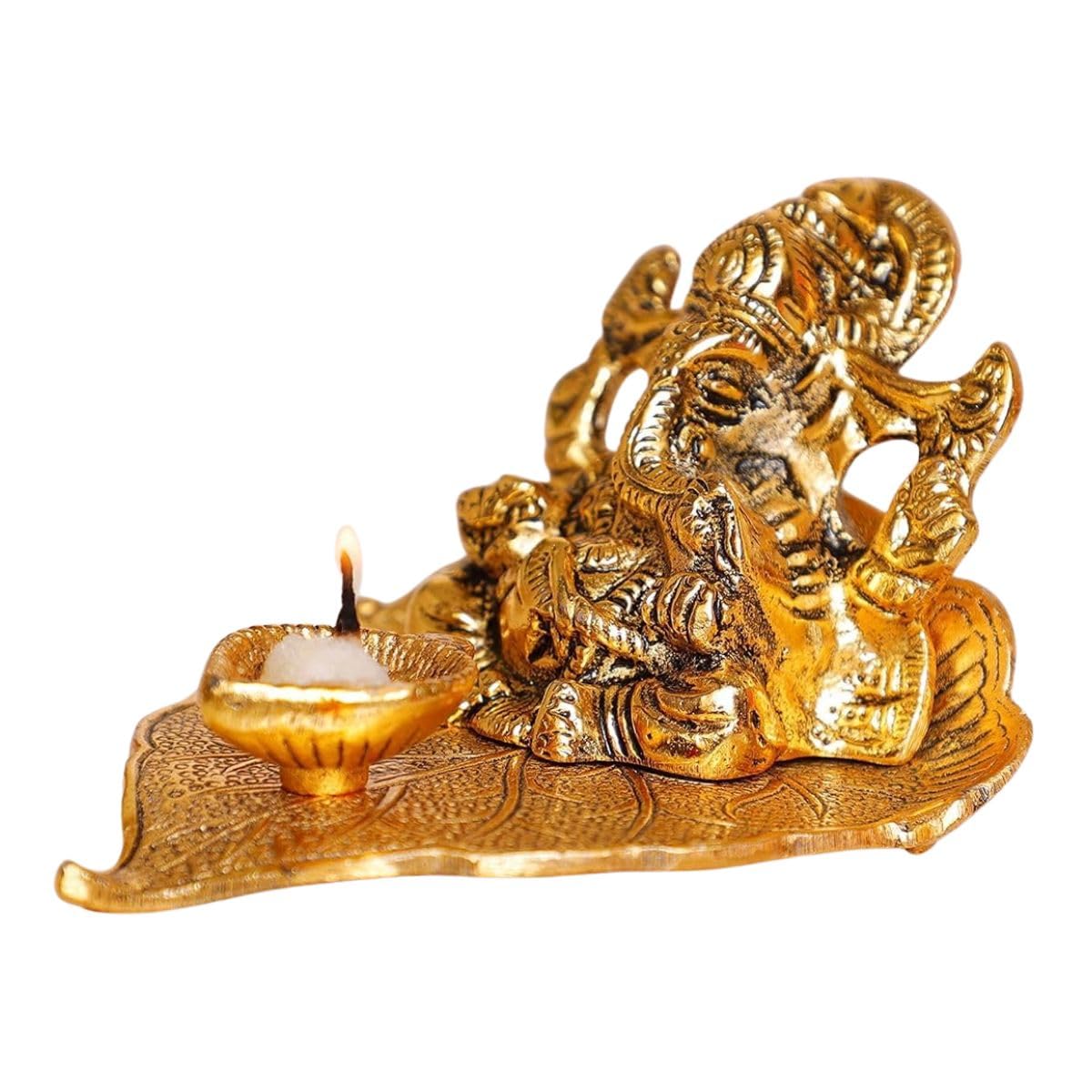 Saugat Traders Lord Ganesha On Leaf With Diya For Pooja | Brass Ganesh Statue For Home Temple | Religious Idols Return Gifts | G