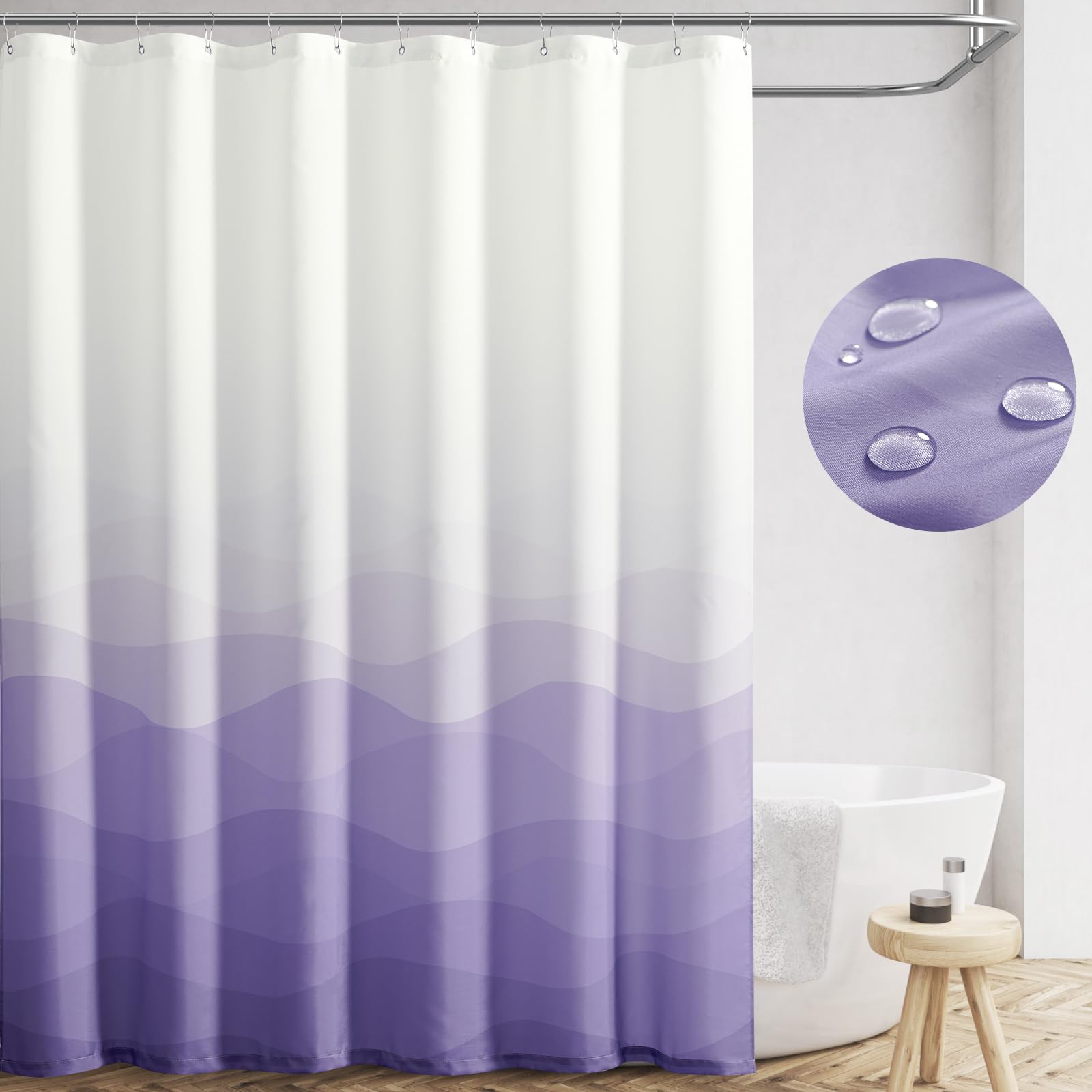 jinchan Ombre Lilac Ocean Wave Shower Curtain Waterproof Fabric Shower Curtains for Bathroom Gradual Color Design Nautical Coast