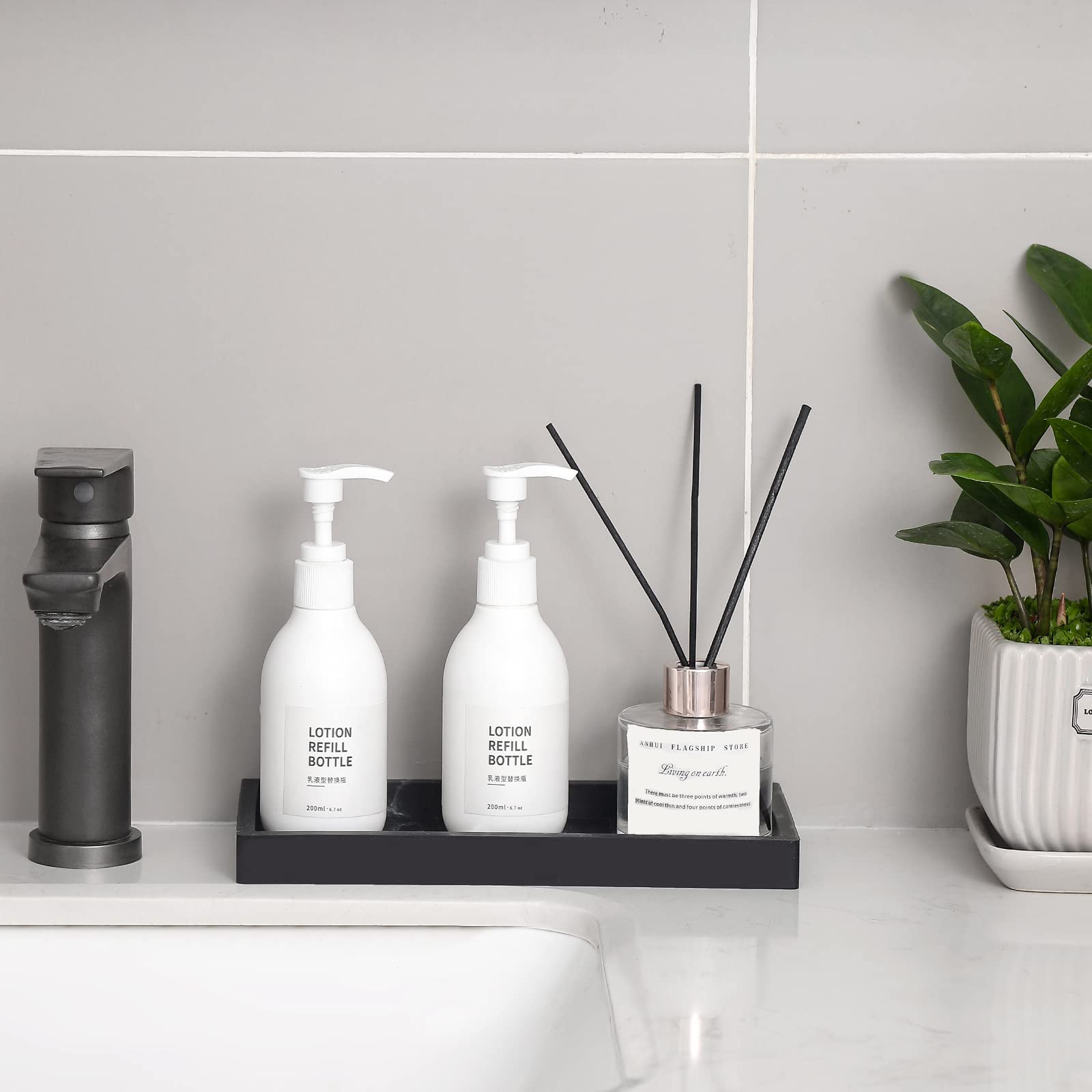 Bathroom Trays For Counter, Slicone Vanity Trays For Bathroom, Rectangle Sponge Holder For Kitchen Sink - Marble Black