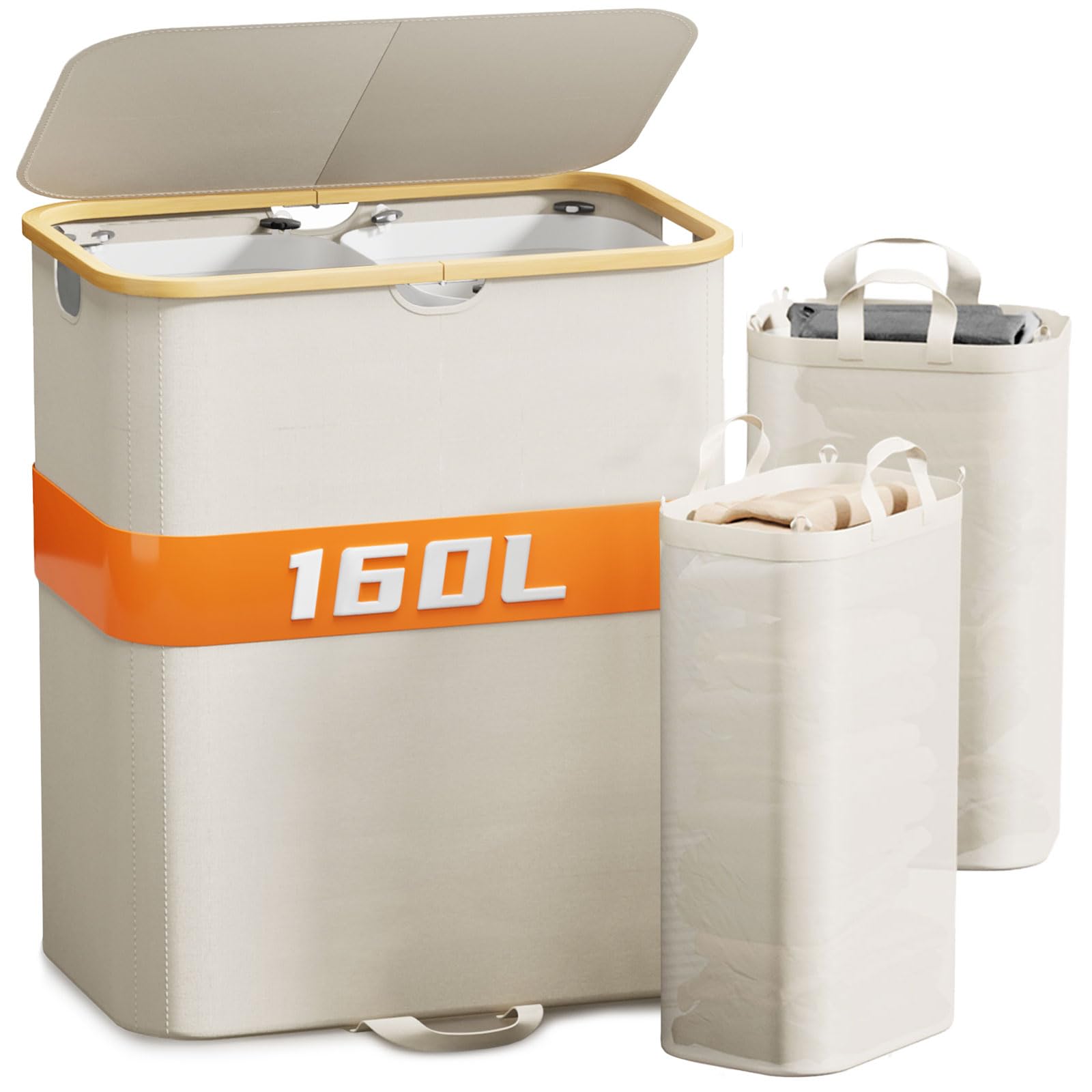 Xlhomo 160L Double Laundry Hamper With Lid, Dirty Clothes Hamper With 2 Removable Bags, Beige Laundry Hamper 2 Section With Bamb