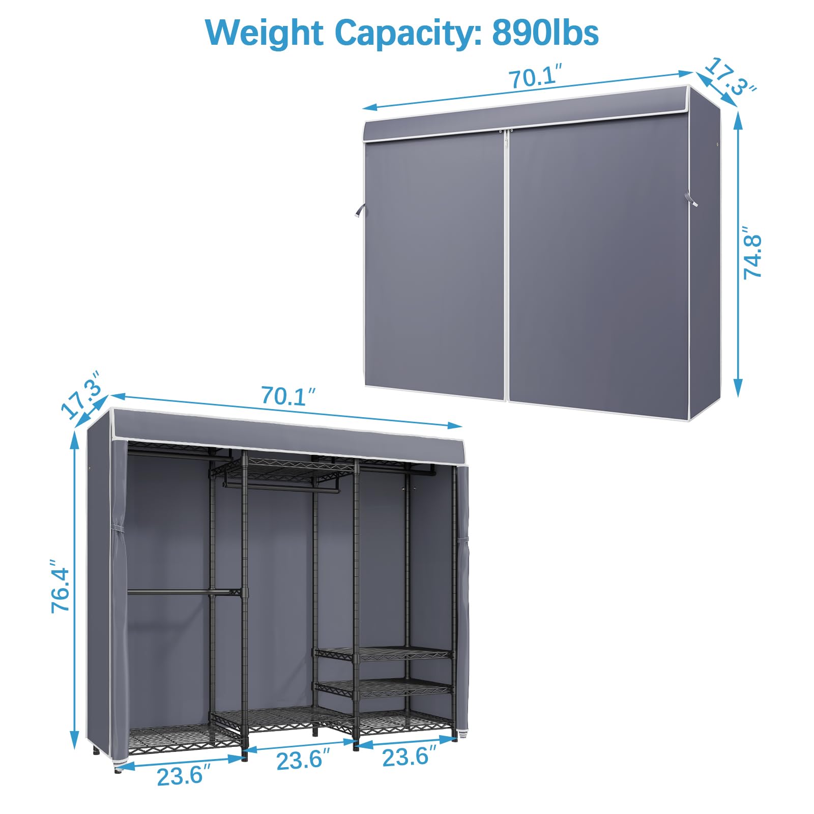 Vipek V5C Portable Clothes Closet Wardrobe Bedroom Armoires Heavy Duty Covered Clothes Rack, Black Metal Clothing Rack With Grey