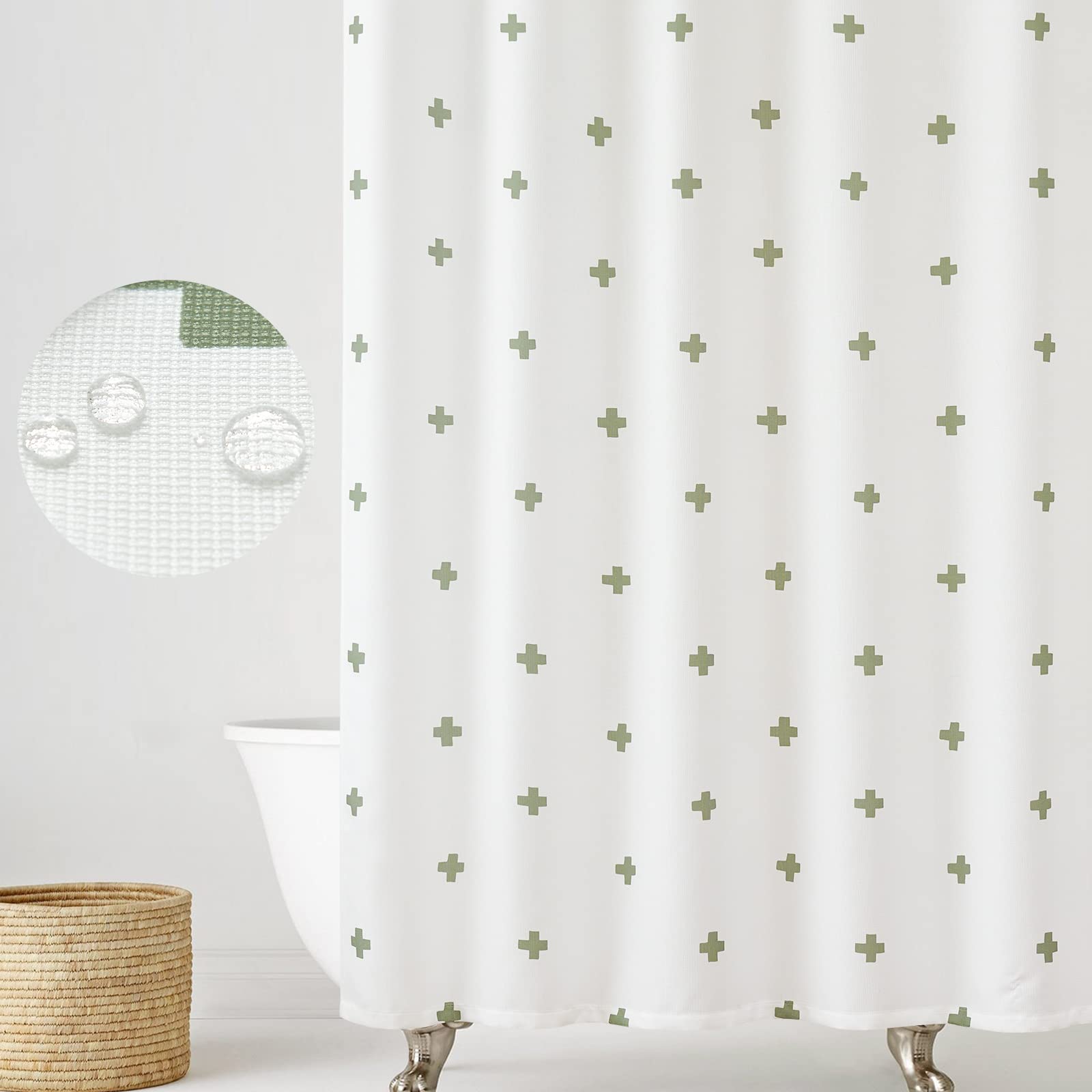 jinchan Green and White Shower Curtain Cross Pattern Geometric Cute Positive Inspirational Modern Fabric Shower Curtains for Bat