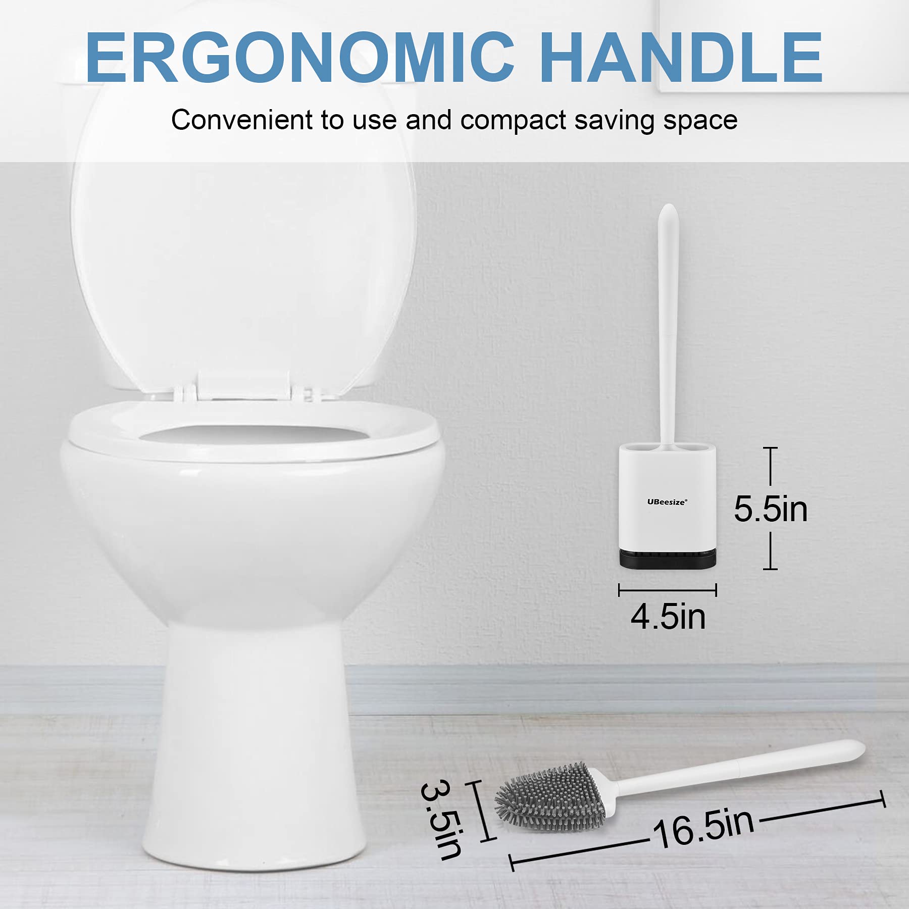 Ubeesize Toilet Brush With Flexible Brush Head And Silicone Bristles, Quick Drying Holder Set For Bathroom, Compact Size, White.