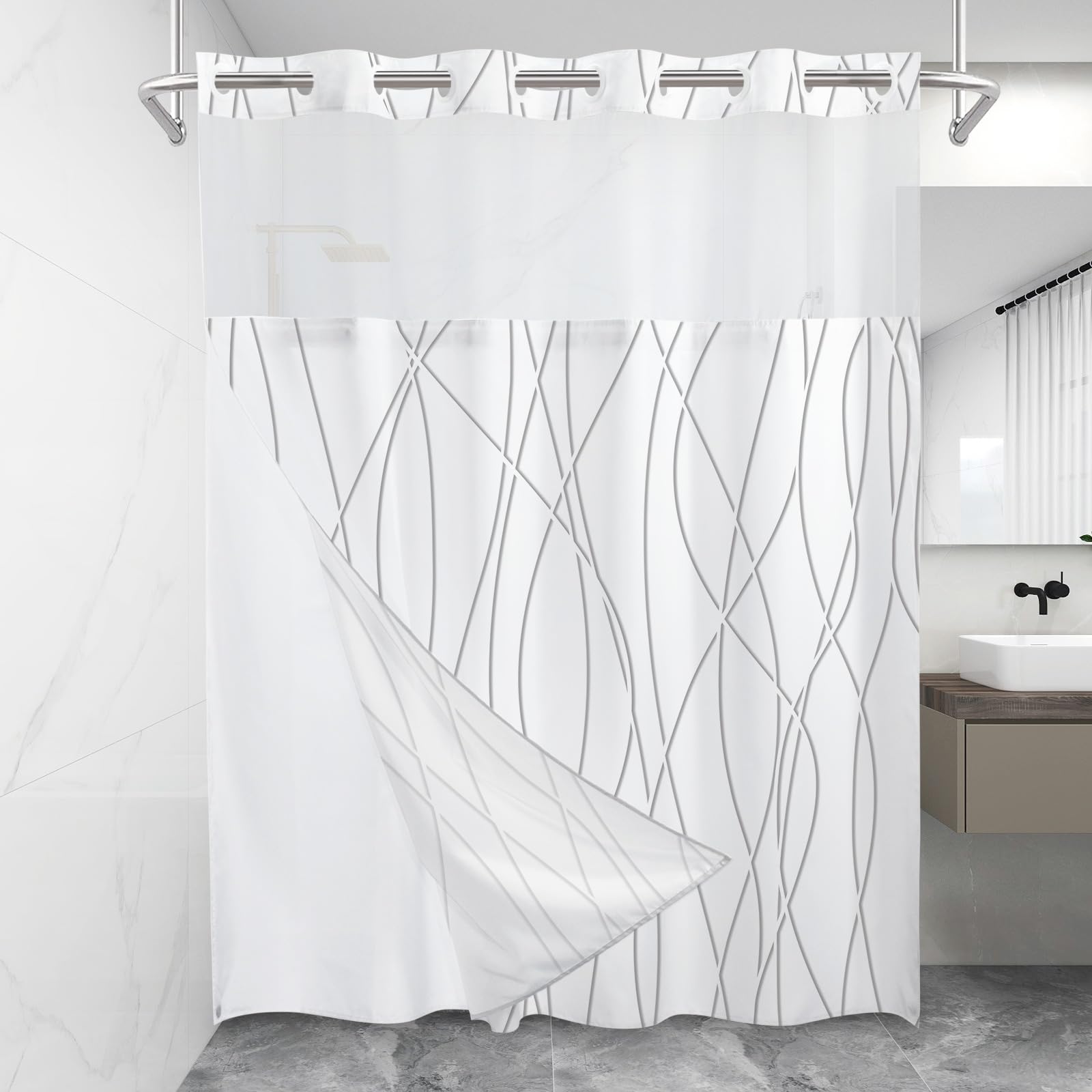 Lxbni No Hook Grey Shadow Striped Shower Curtain With Snap In Fabric Liner Set - Hotel Shower Curtain And Liner Set With See Thr