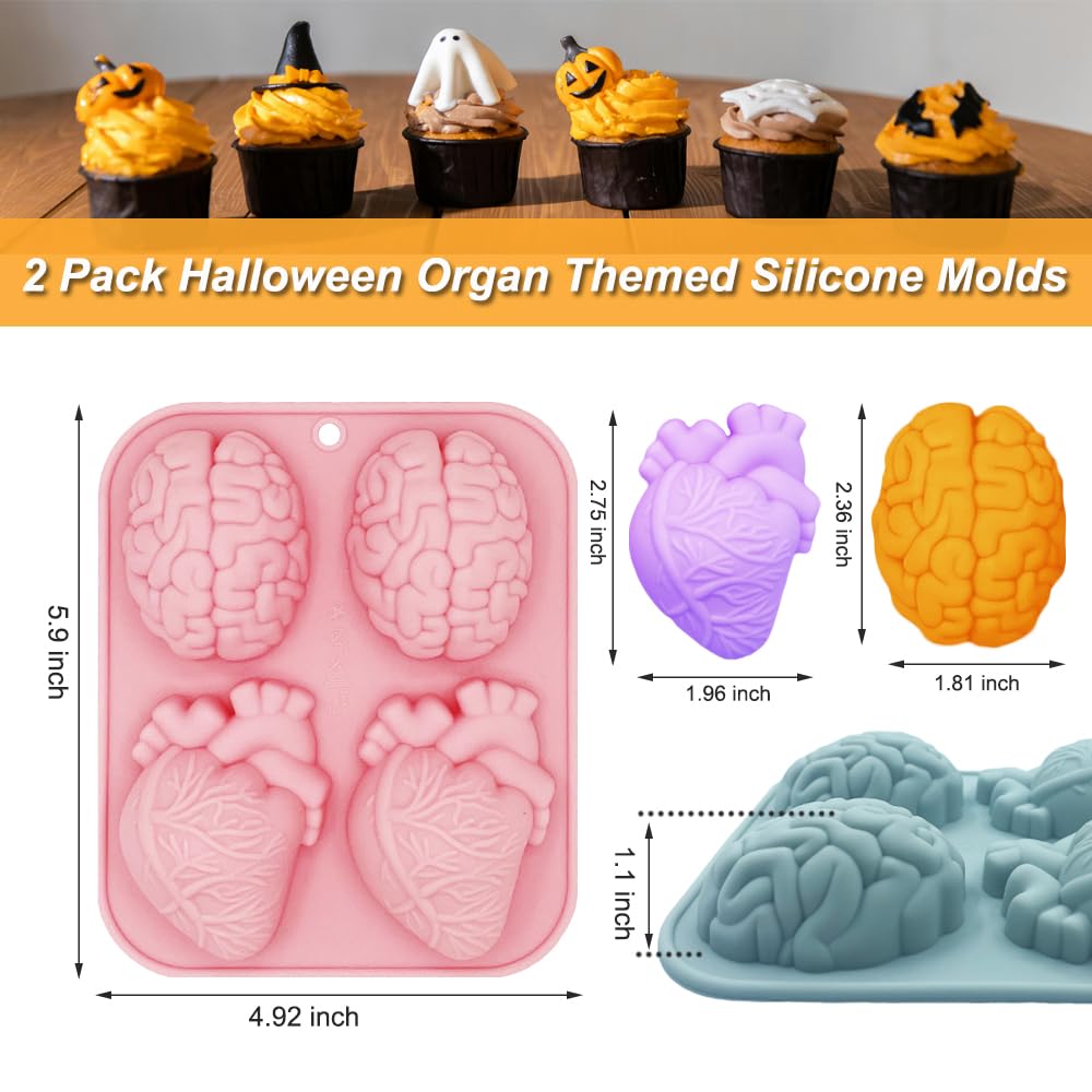 3D Human Brain Heart Silicone Molds, 2 Pack Realistic Halloween Organ Shapes Silicone Muffin Molds For Chocolate Pudding Dessert