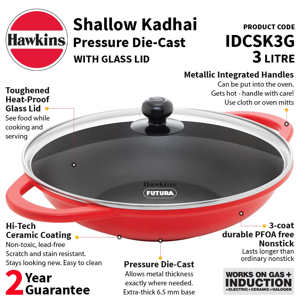 Hawkins 3 Litre Shallow Kadhai, Die Cast Non Stick Frying Pan With Glass Lid, Ceramic Coated Pan, Induction Shallow Frying Pan,
