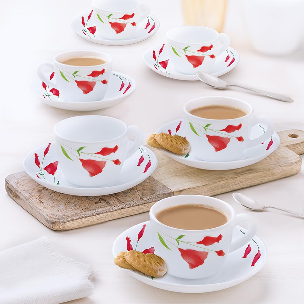 Larah By Borosil Diana Opalware Cup And Saucer Set Of 12 Pcs | Tea/Coffee Cups 140 Ml | Microwave & Dishwasher Safe | BoneAsh F
