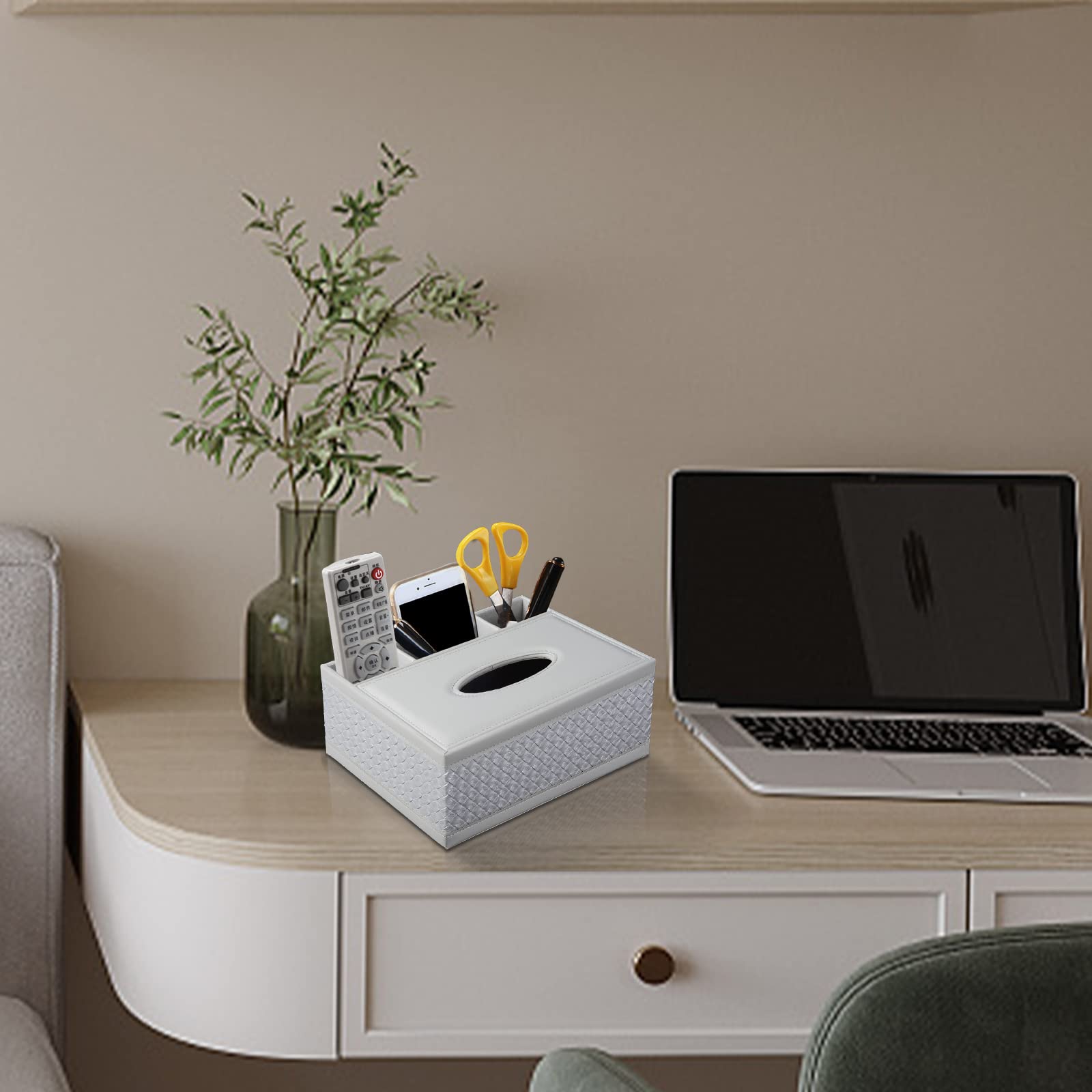 Xnone Tissue Box Cover Rectangle White Kleenex Box Holder Pu Leather Facial Tissue Organizer,Multifunctional Remote Control Stat