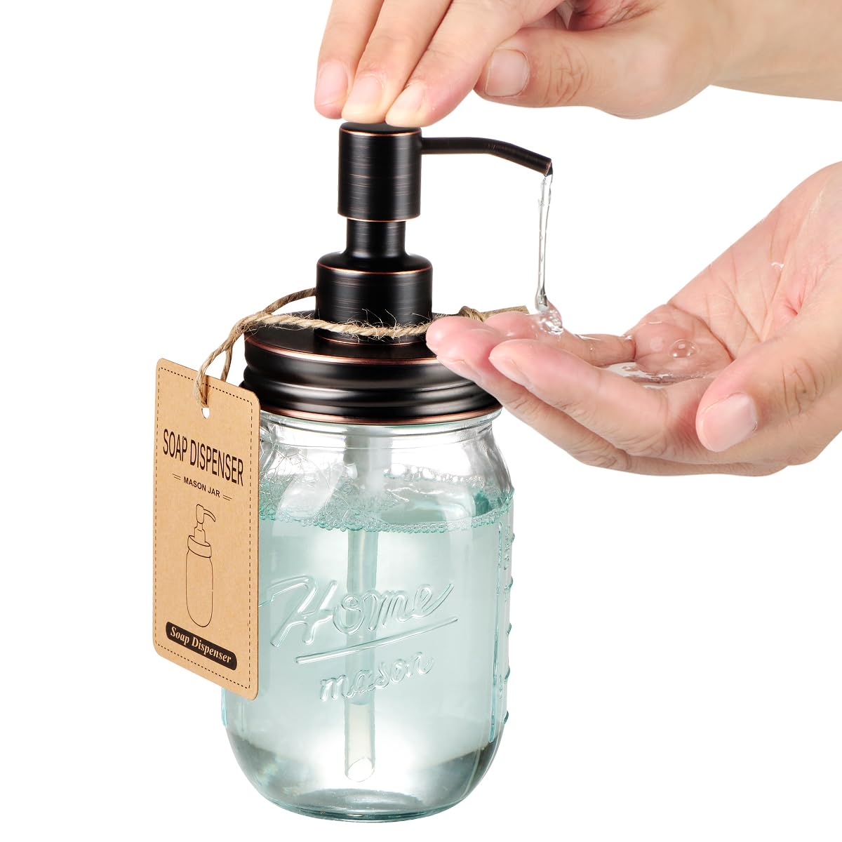 Amolliar Mason Jar Liquid Soap Dispenser, Rustproof Stainless Steel Replacement Pump Lid, Cute Farmhouse Decor For Kitchen, Bath