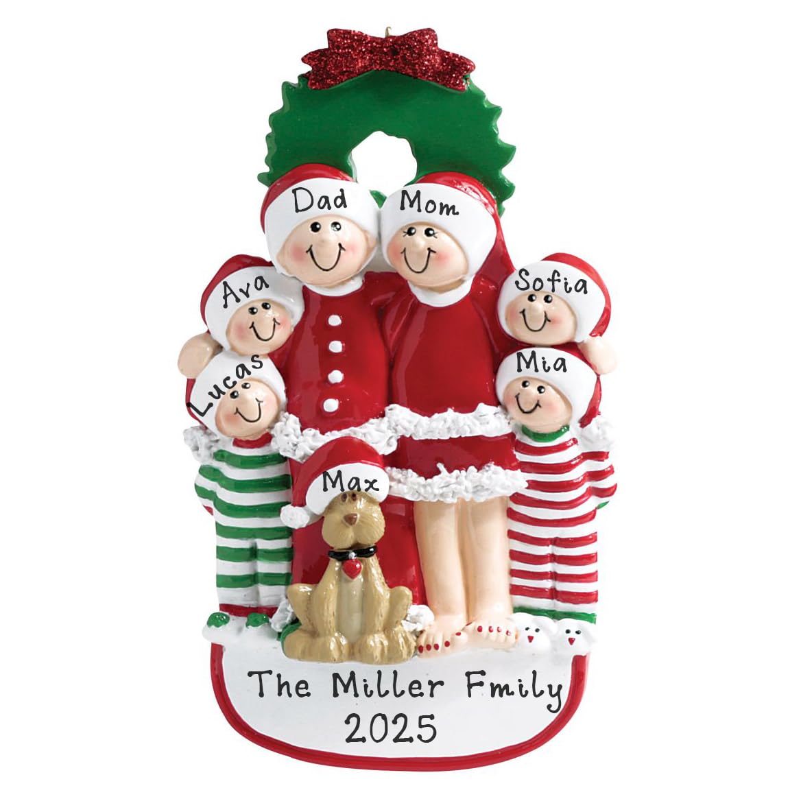 Family with Dog Personalized Christmas Tree Ornament | Custom Writing with Dog Personalized Family Ornaments (Family of 6)