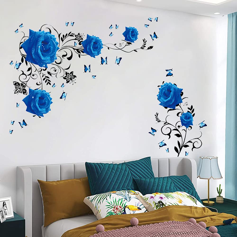 Supzone Blue Rose Wall Stickers Vinyl Floral Decal for Bedroom & Living Room, Model WS298
