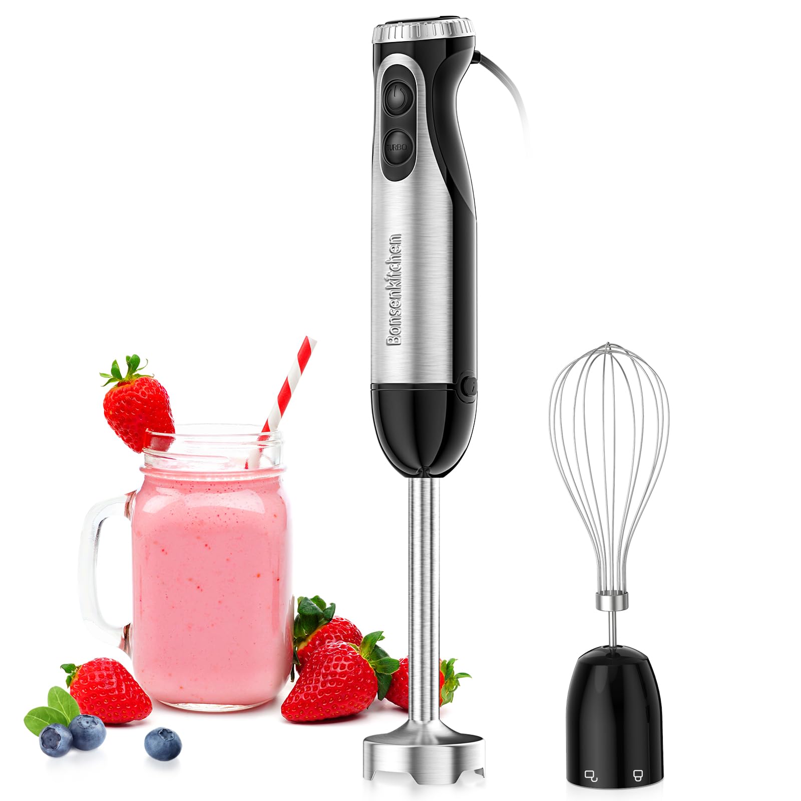 Bonsenkitchen Immersion Handheld Blender with Whisk, 20-Speed & Turbo Mode Hand Blender Stick 500W, 304 Stainless Steel Hand Ble