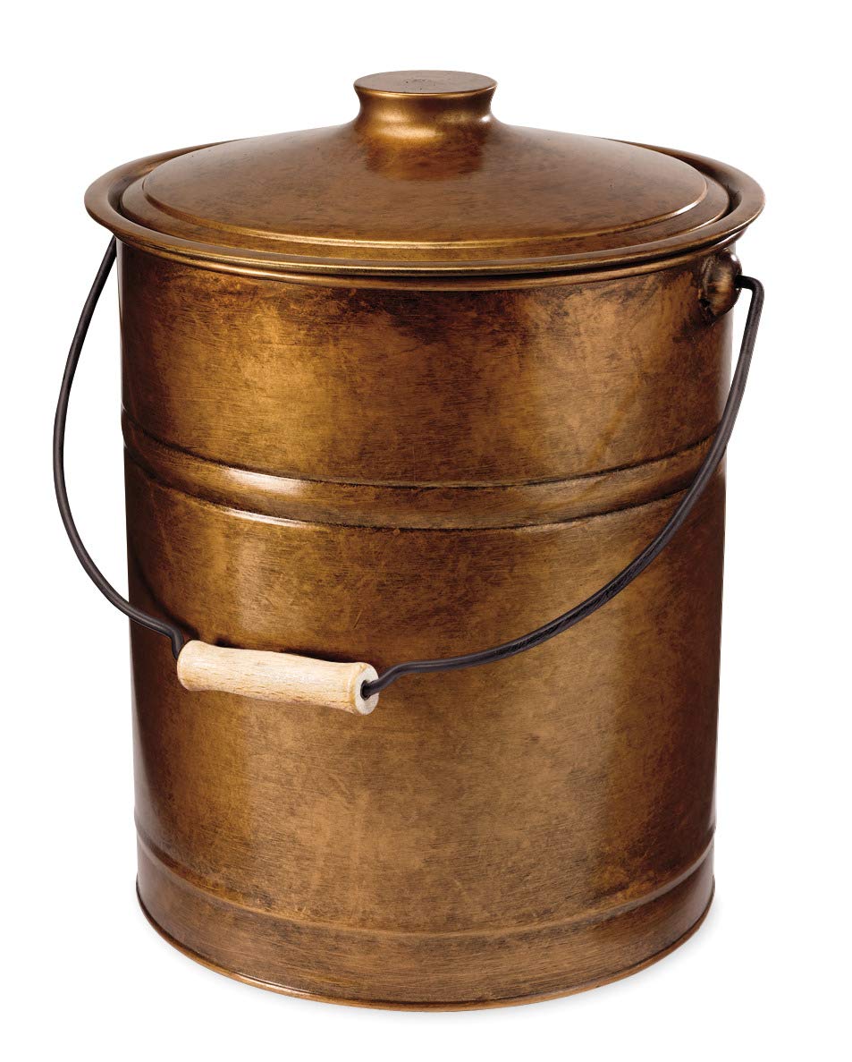 Plow & Hearth 3 Gallon Copper Large Ash Bucket With Lid And Wood Handle  28 Gauge Galvanized Iron Metal  Double Bottom  Tool For