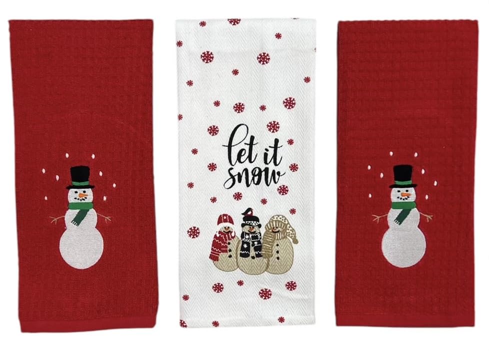 Winter Holiday Christmas Kitchen Bath Dish Hand Towels: Let It Snow Snowmen Herringbone With Two Embroidered Snowman Towel Desig