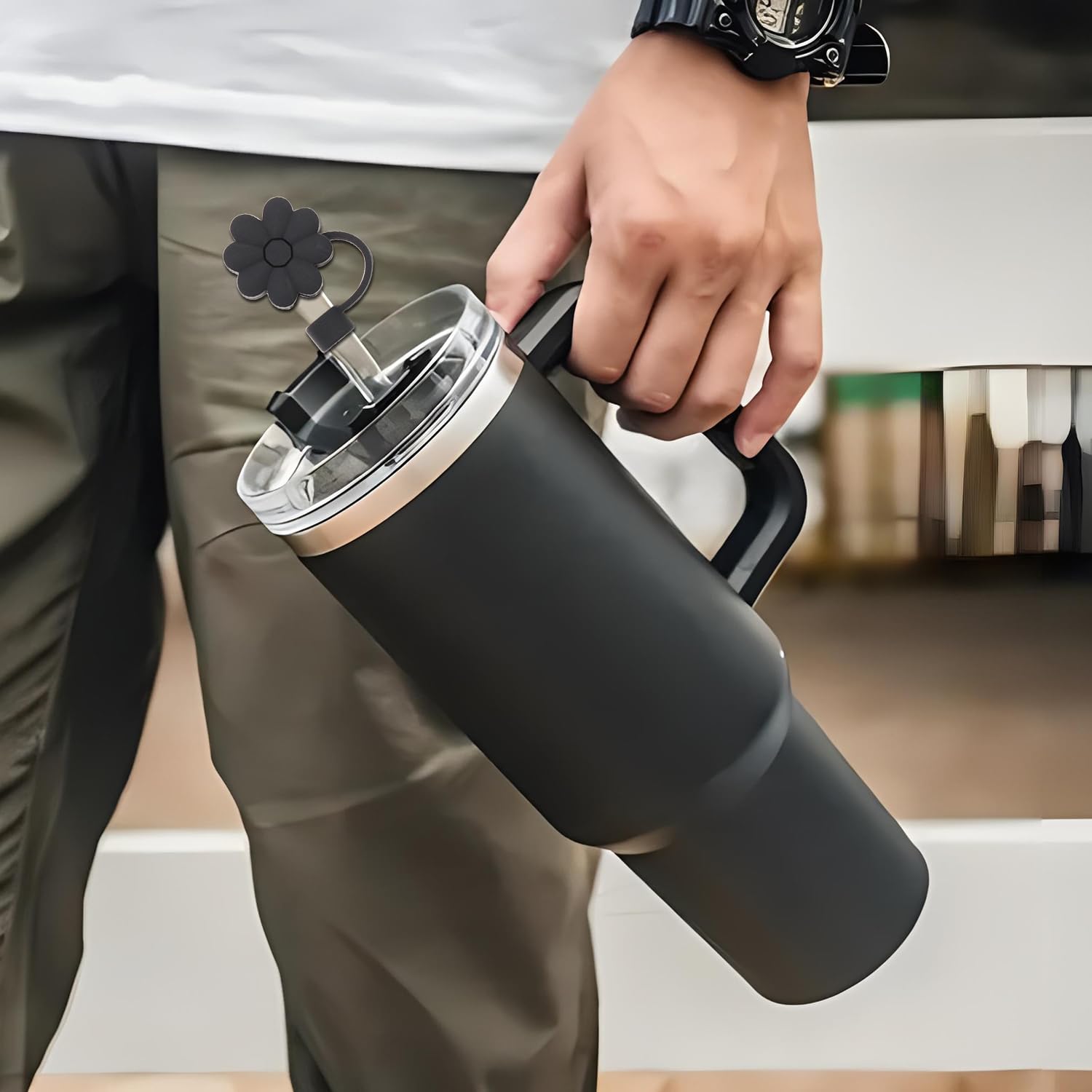 Stanley Cup Accessories, 1Pc Flower Stanley Straw Cover Silicone Straw Topper For Stanley 30&40 Oz Tumbler With Handle And 1Pc I