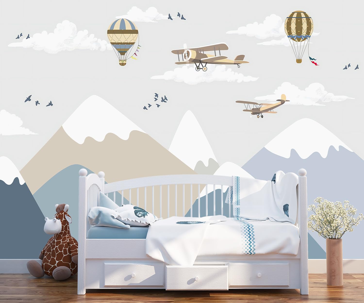 Yqwdmx -Children'S Room Cartoon Balloon Mountain Fabric Wallpaper Nursery Mural 180'' X 115'' (Not Peel And Stick)