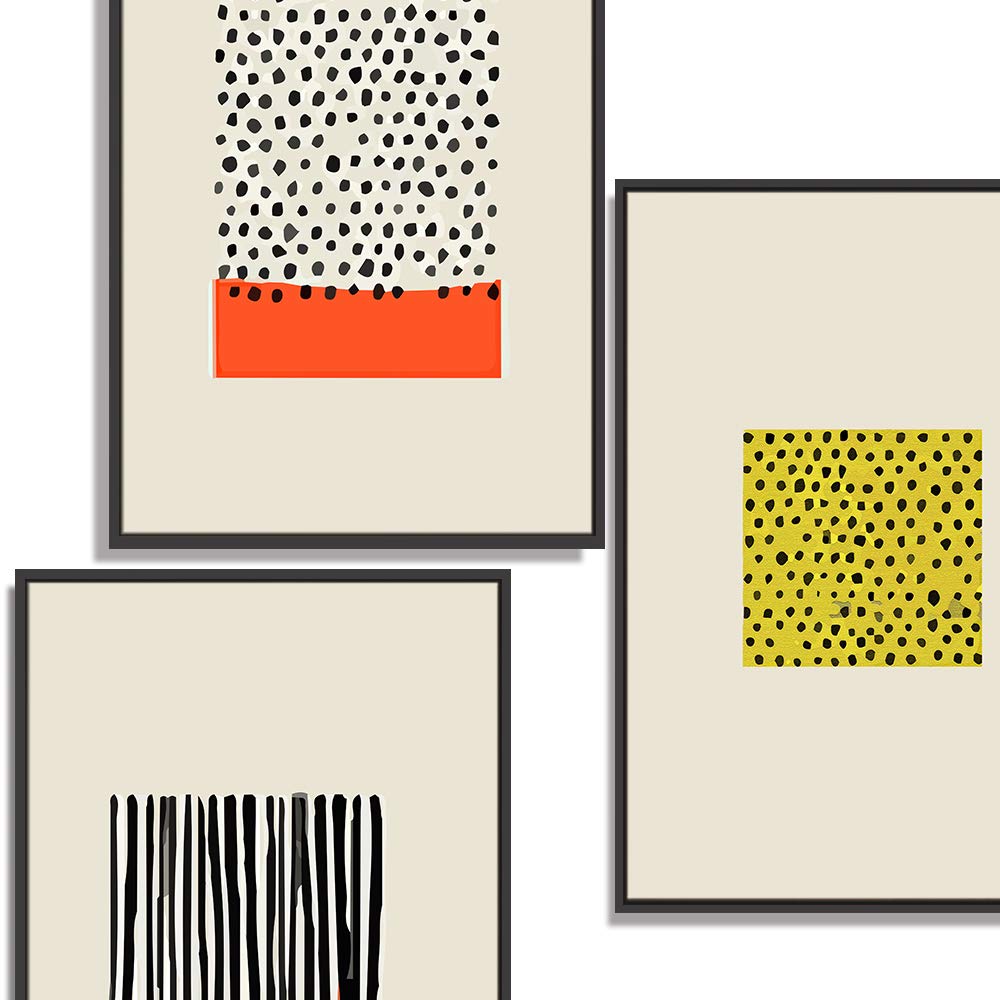 Idea4Wall Framed Wall Art Print Set Black Dot & Line Color Block Squares Abstract Patterns Digital Art Pop Art Bohemian Colorful