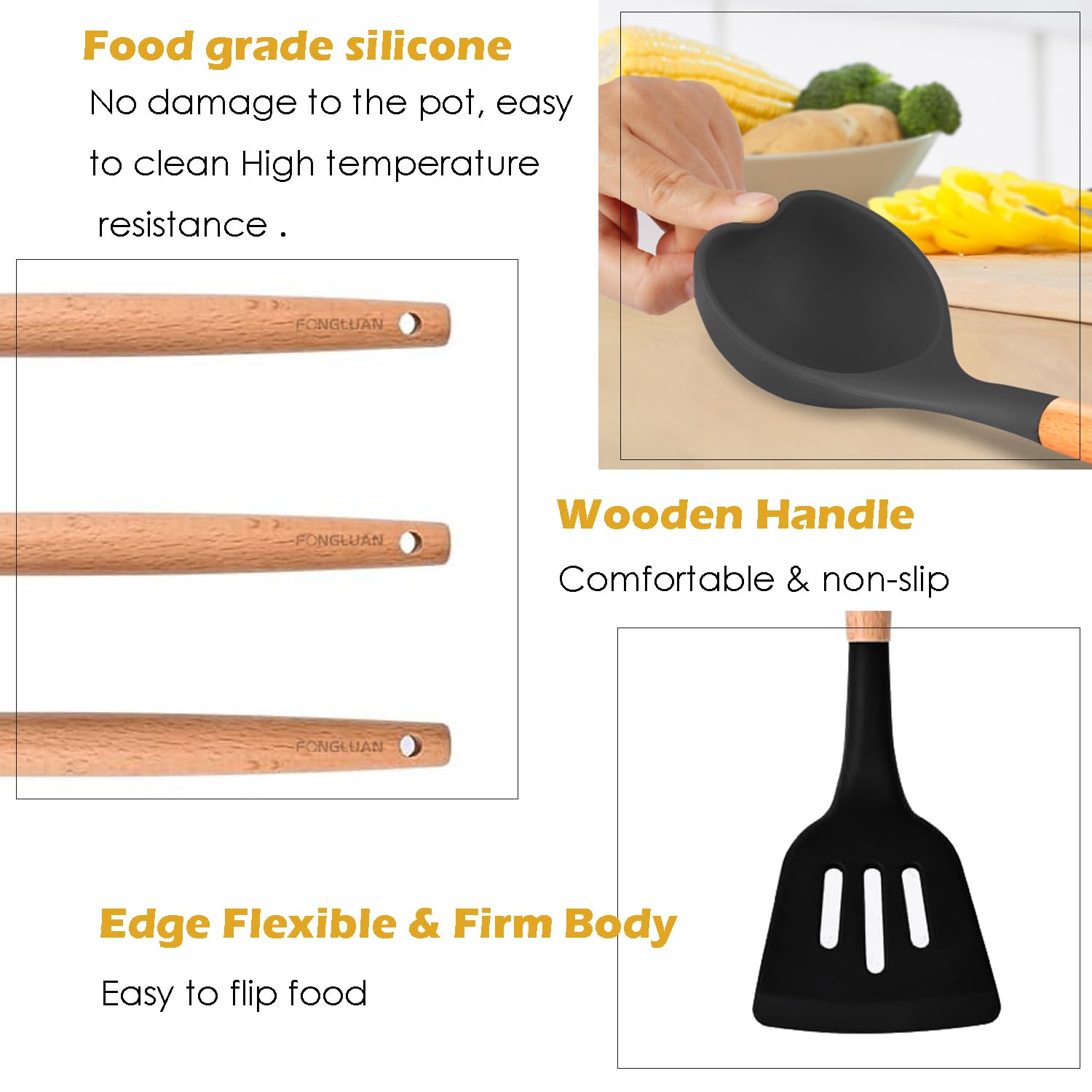 Fongluan Kitchen Utensils. Set Of 3, Silicone Cooking Utensils Set, Turner/Spatula, Spoons With Wooden Handle, Heat Resistant, N