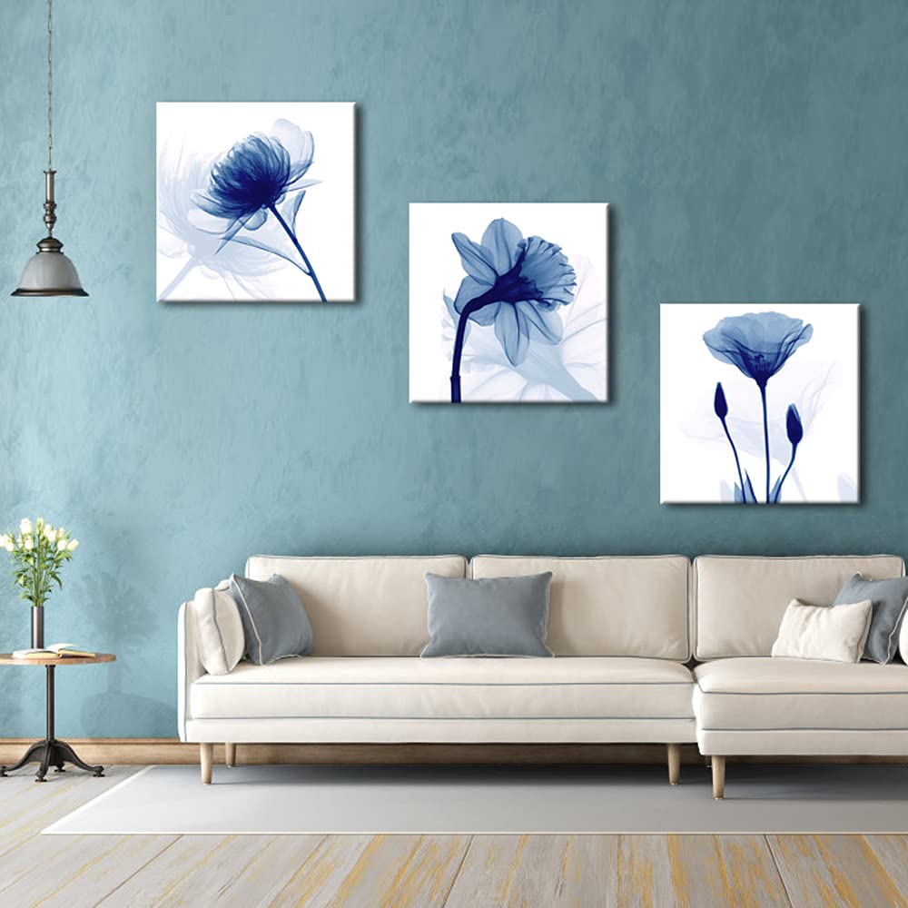 Wieco Art Blue Abstract Flowers 3 Panels Canvas Prints Wall Art Modern Pictures Artwork For Living Room Bedroom And Home Decorat