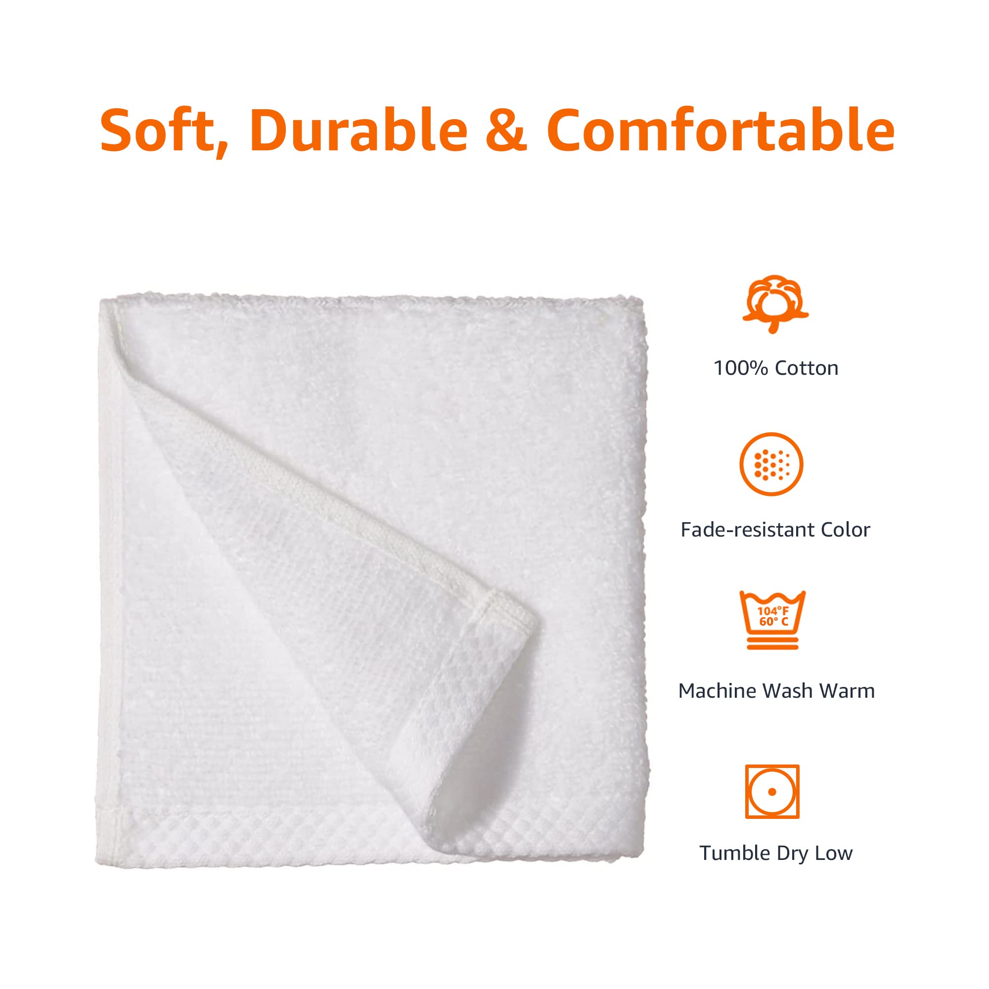 Amazon Basics Cotton Washcloths, Quick-Dry, 12'' X 12'', 12-Pack, White