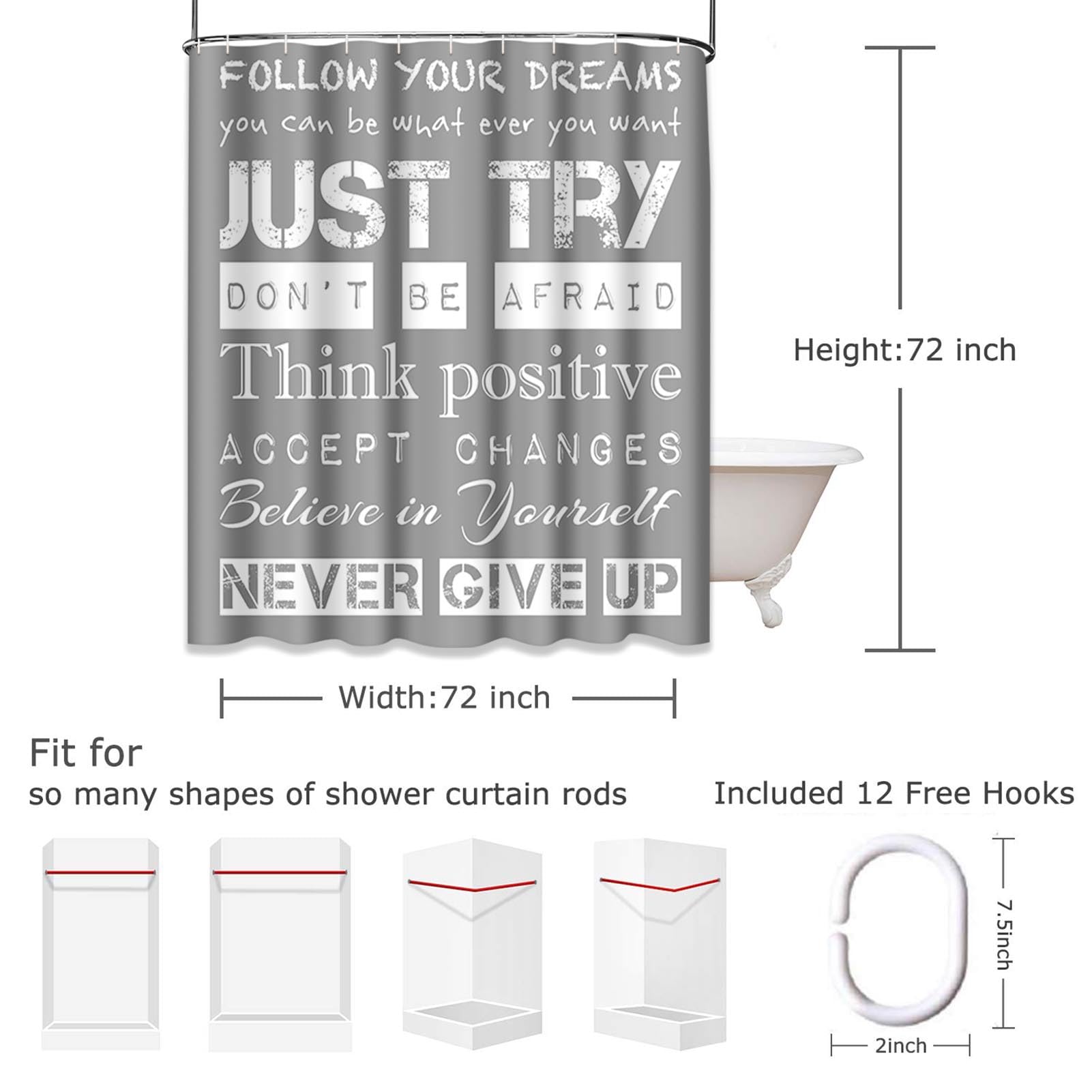 Emvency Grey And White Positive Shower Curtain Inspirational Motivational Teen Follow Your Dreams Just Try Never Give Up Kids Bo