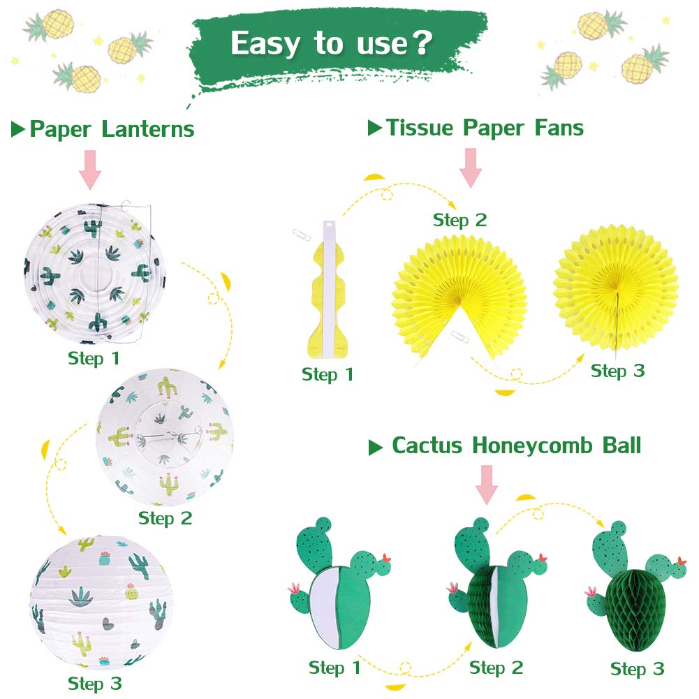 Zilue Cactus Party Decorations, Hawaiian Party Supplies Tropical Hanging Paper Lanterns Cactus Honeycomb Tissue Paper Fans For L
