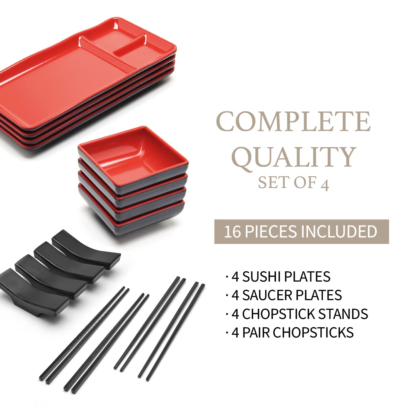 Goliber Sushi Serving Set, Melamine Sushi Serving Set For 4 With 4 Japanese Sushi Serving Plate, 4 Soy Sauce Dish, 4 Pairs Of Ch
