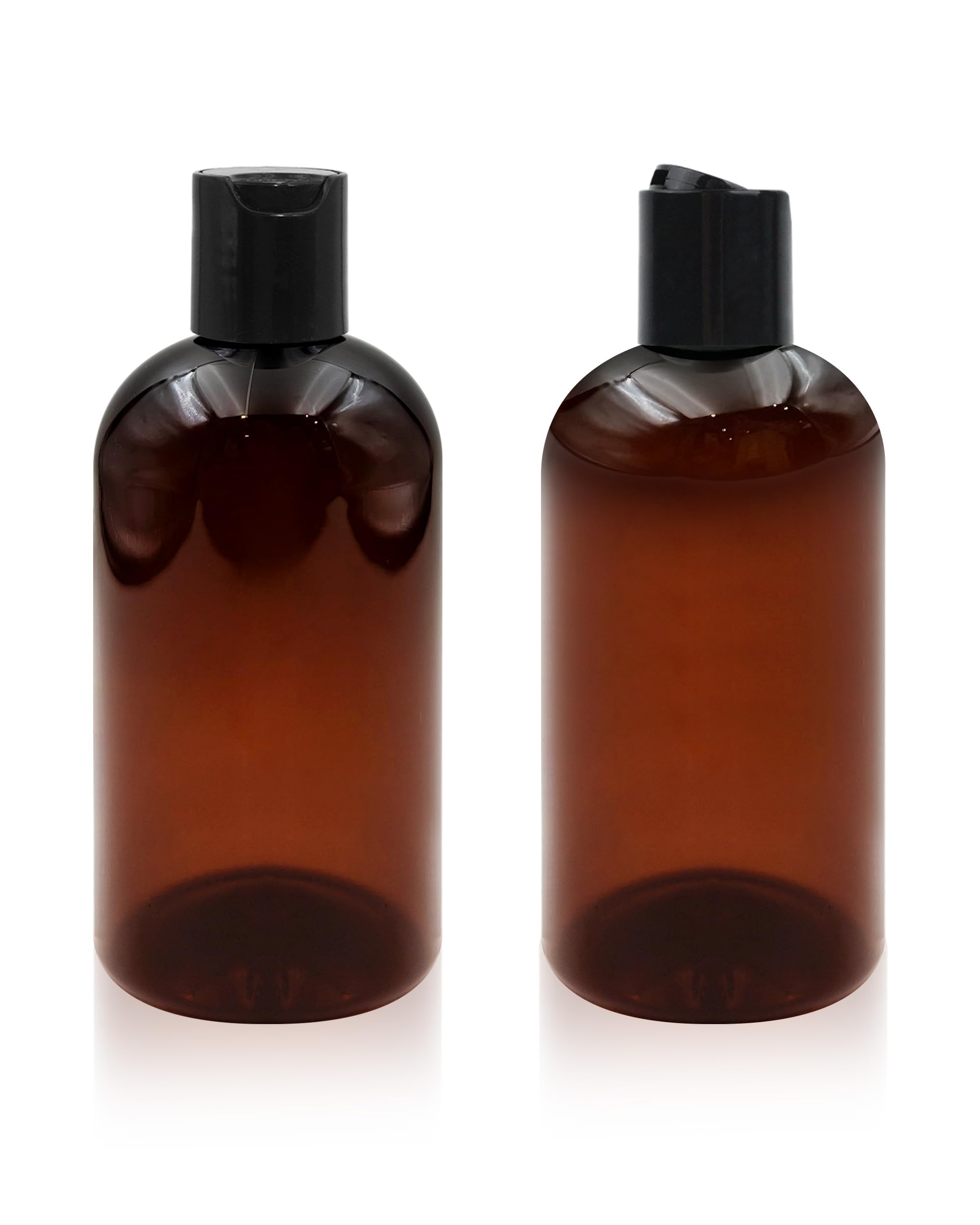 Neendohome 2 Pack 8 oz Amber Plastic Shampoo Bottles with Black Disc Caps Refillable Leak-Proof Travel Squeeze Containers for Co