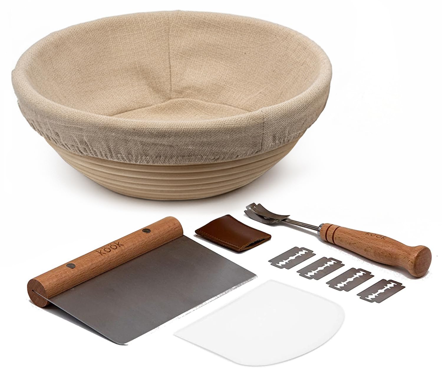 Kook Proofing Set, Sourdough Bread, 1 Rattan 9 Inch Banneton Basket, 1 Basket Cover, Metal Scraper, Plastic Scraper, Scoring Lam