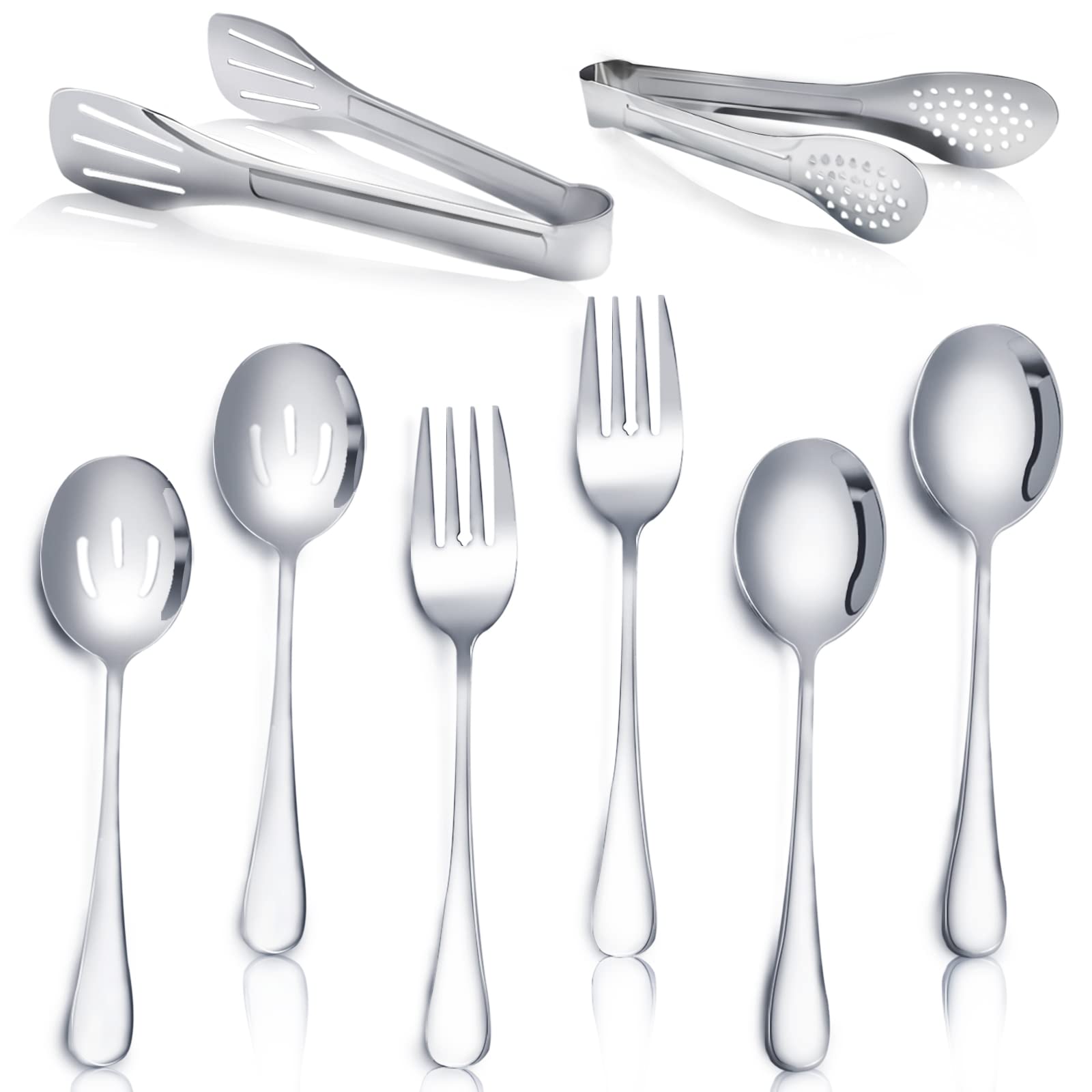 8 Pieces Stainless Steel Flatware Serving Utensils, Include 2 Serving Spoons, 2 Slotted Spoons, 2 Tongs And 2 Forks For Party Bu