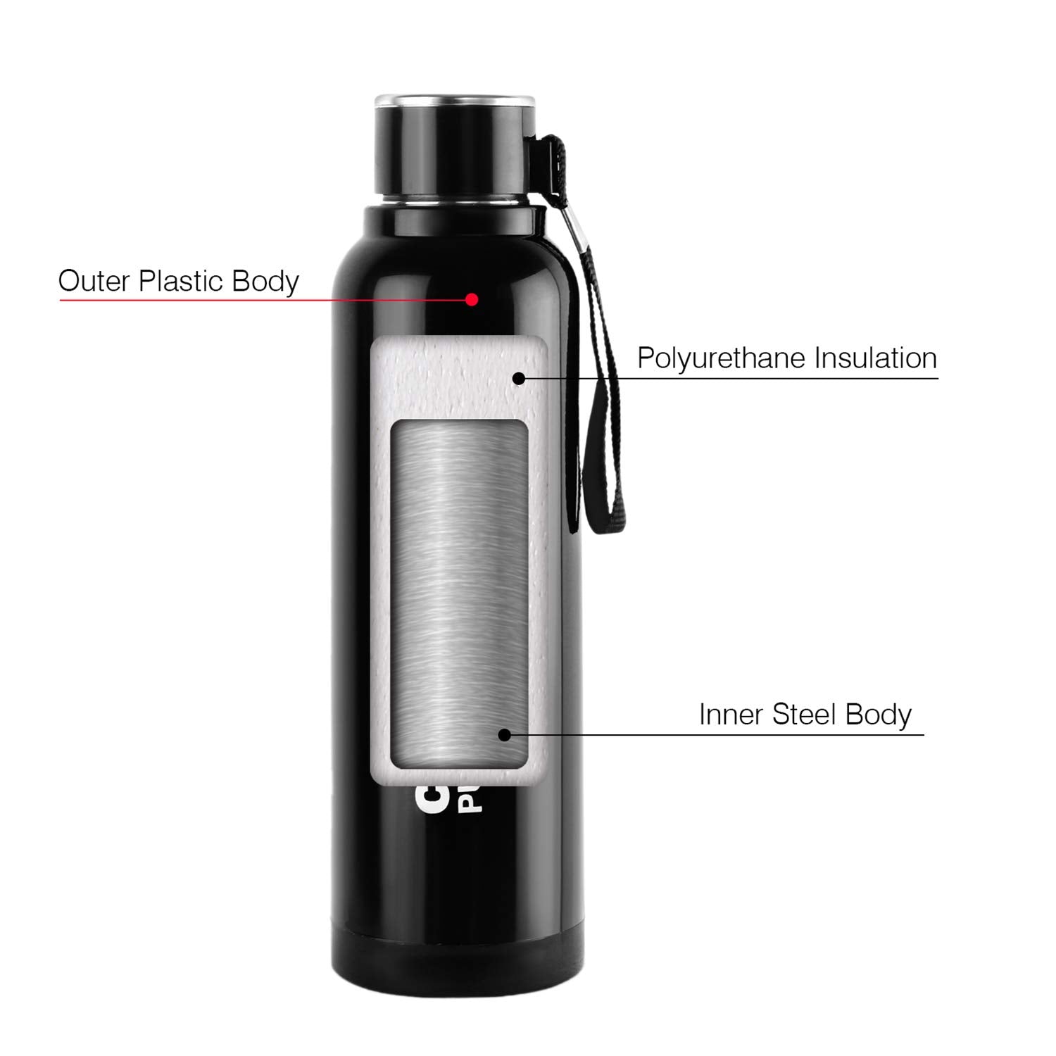 Cello Puro Steel-X Benz Insulated Bottle With Stainless Steel Inner 900 Ml Black