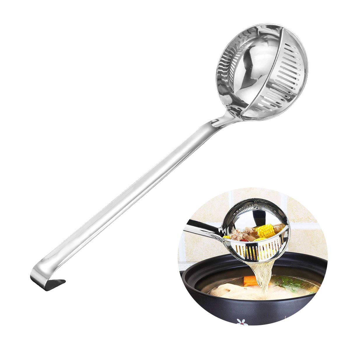 2in1 Creative Stainless Steel Straining Ladle,Detachable Filter Leaking Long Handle Soup Spoon Colander