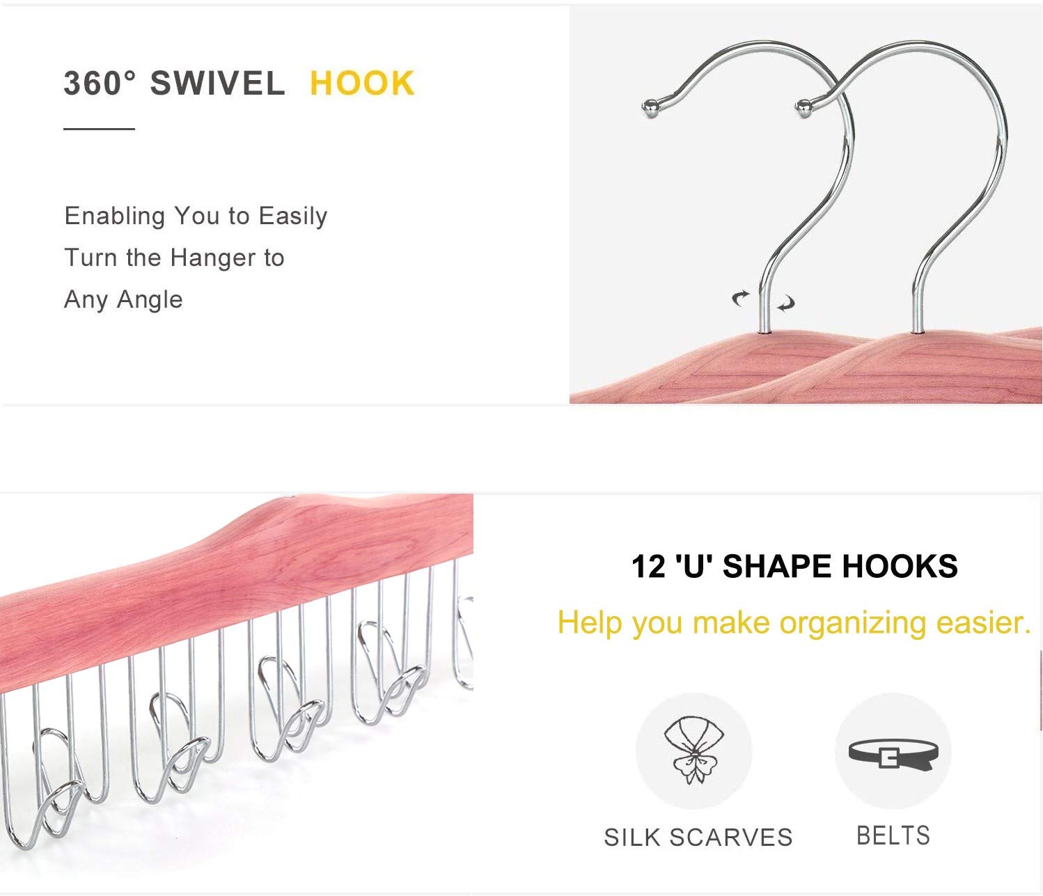 Topia Hanger American Red Cedar Wood Belt Hanger, Belt Organizer Rack With 12 Metal Hooks,Closet Organizer For Tank Tops, Ties,