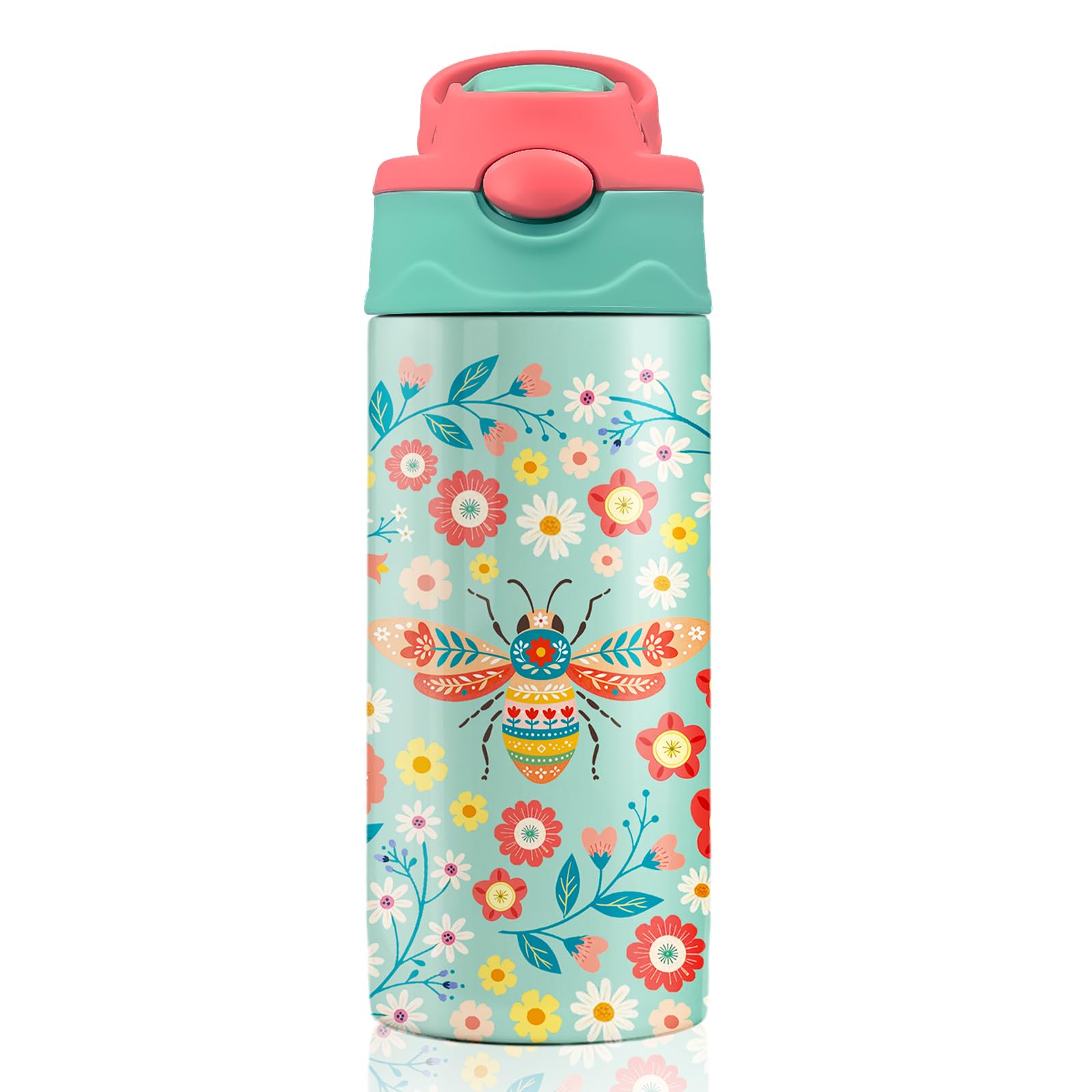 MCPESAS Bee Flower Insulated Water Bottle with Straw  Leakproof, BPAFree, Vacuum Insulated, Stainless Steel Cups for Sports, T