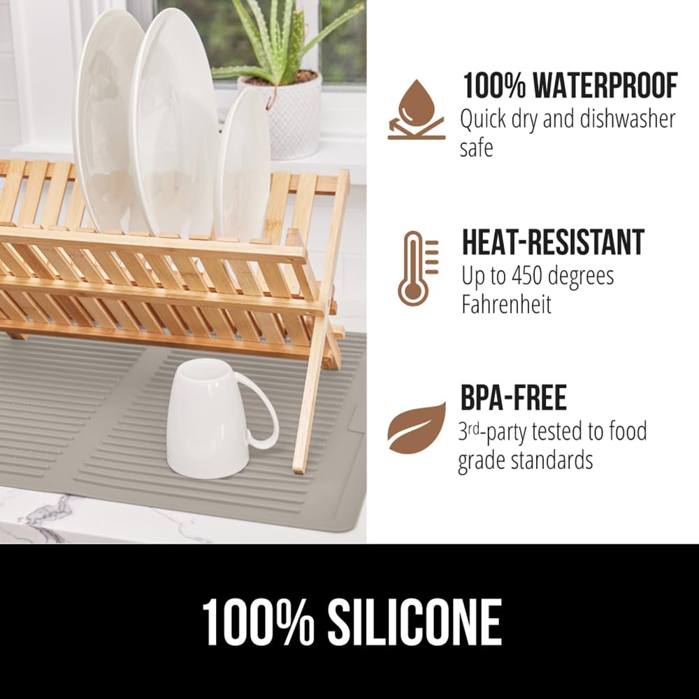 Gorilla Grip Silicone Dish Drying Mat, 18"x16", BPA-Free, Water Catching Ribbed Design, Heat Resistant, Almond Color