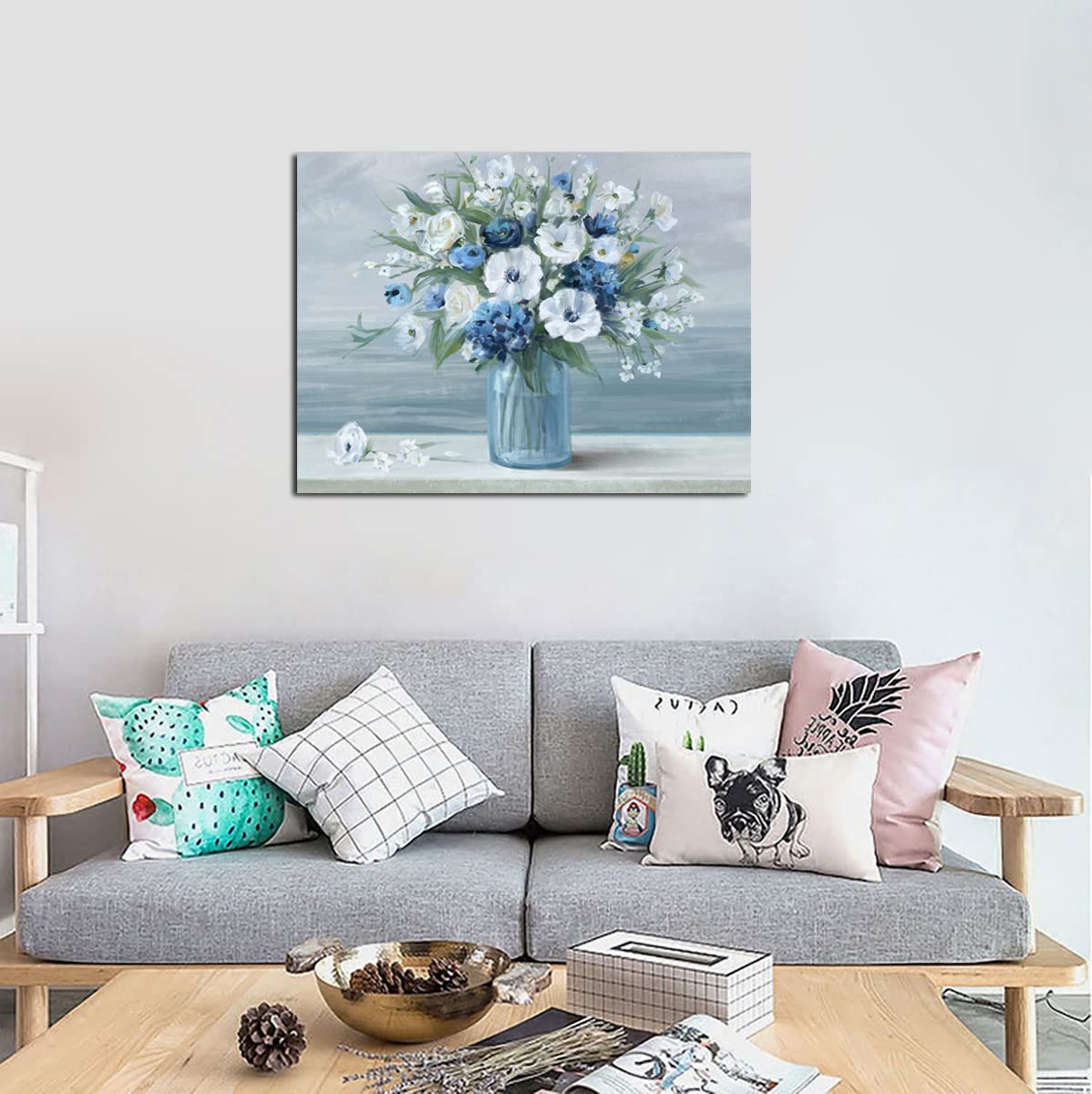 arteWOODS Vintage Flowers Canvas Wall Art Blue White Blossom Canvas Painting Retro Flowers in Vase Canvas Pictures Blue Ocean Background Artwork Prints for Bathroom Bedroom Wall Decor 16'' X 12''
