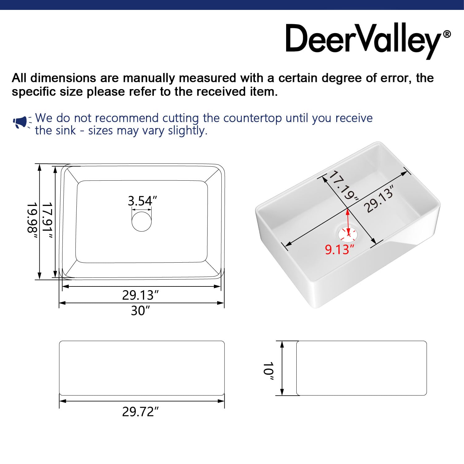 Deervalley 30 Inch Fireclay Farmhouse Kitchen Sink, White Farmhouse Sink, Single Bowl Undermount Kitchen Sink, Front Apron Sink,