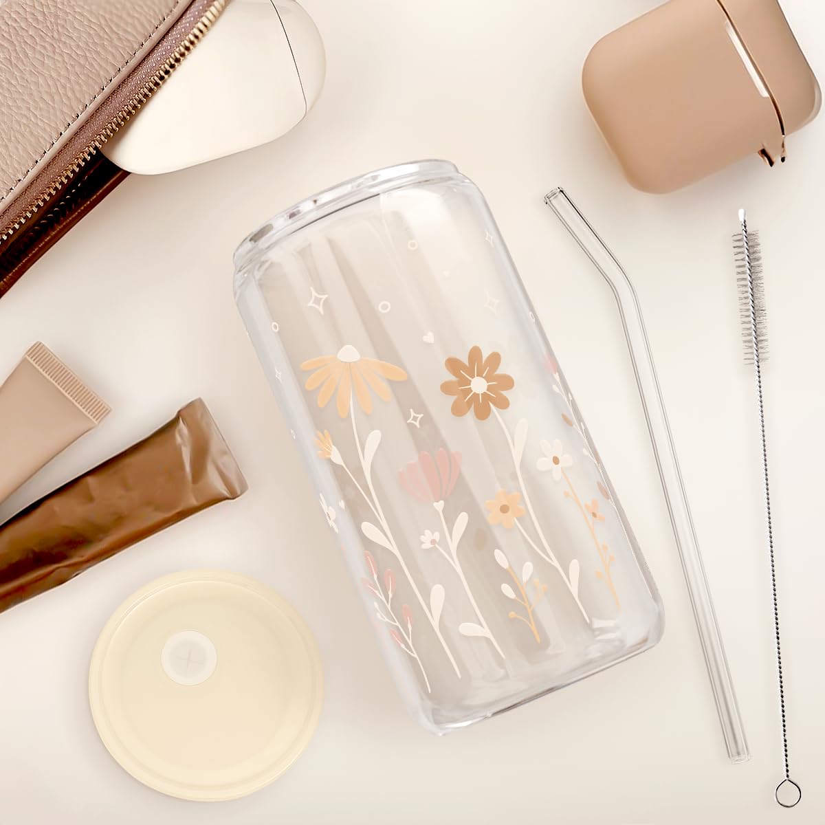SANDJEST Flower Glass Can, Floral Cup with Lid & Straw, Iced Coffee Aesthetic Cups, Idea Gift for Christmas Birthday Mother Day,