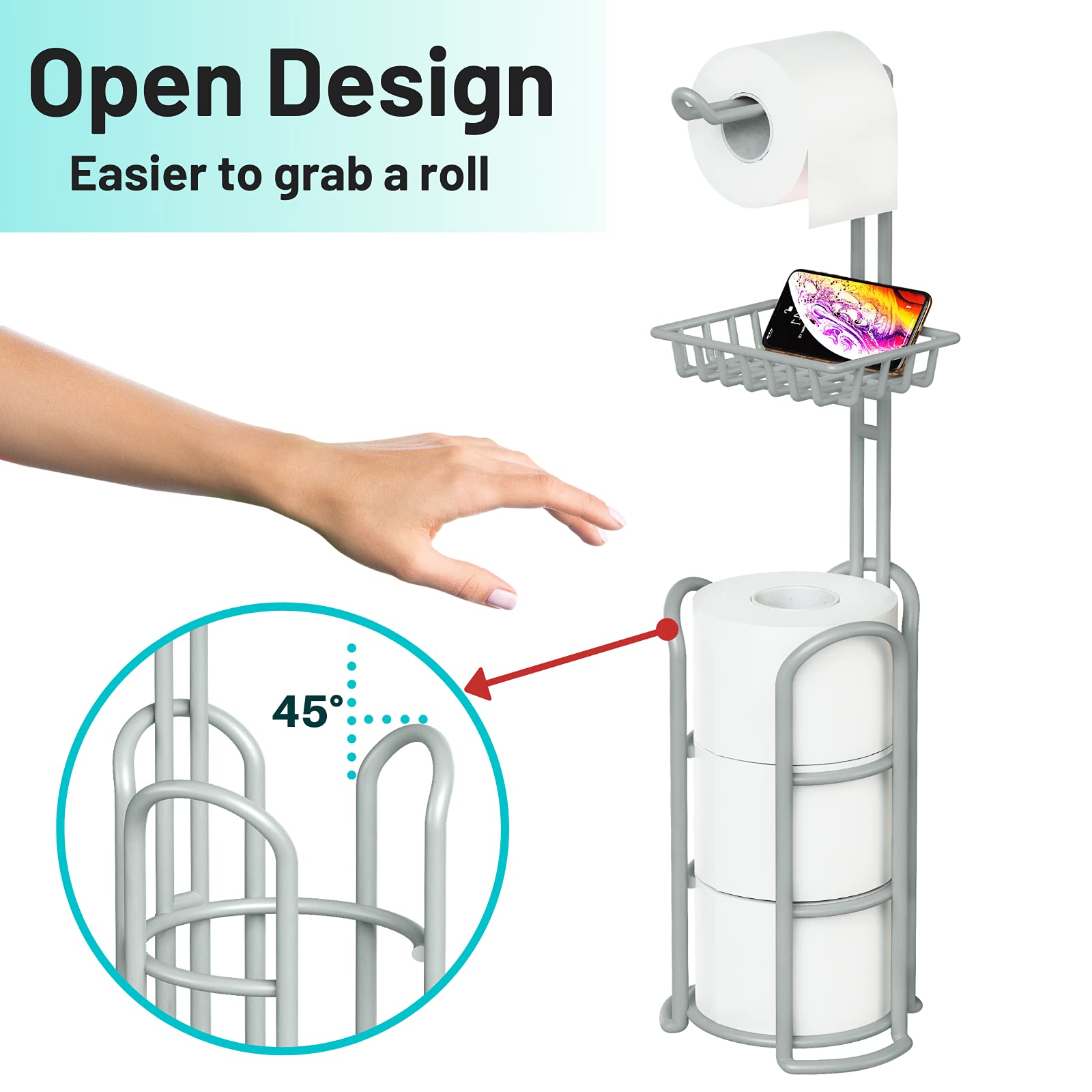 Upgrade Toilet Paper Holder Stand, Silver Gray Freestanding Toilet Paper Roll Holders With Shelf, Bathroom Tissue Storage Rack