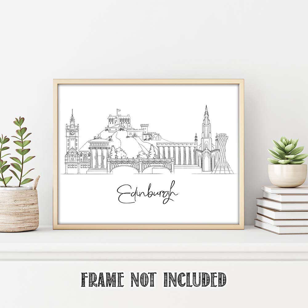 Edinburgh, Scotland Capital City Skyline - Uk Travel Adventures & Vacation Cityscape Wall Art Decor - Unframed 11 X 14 Black & W