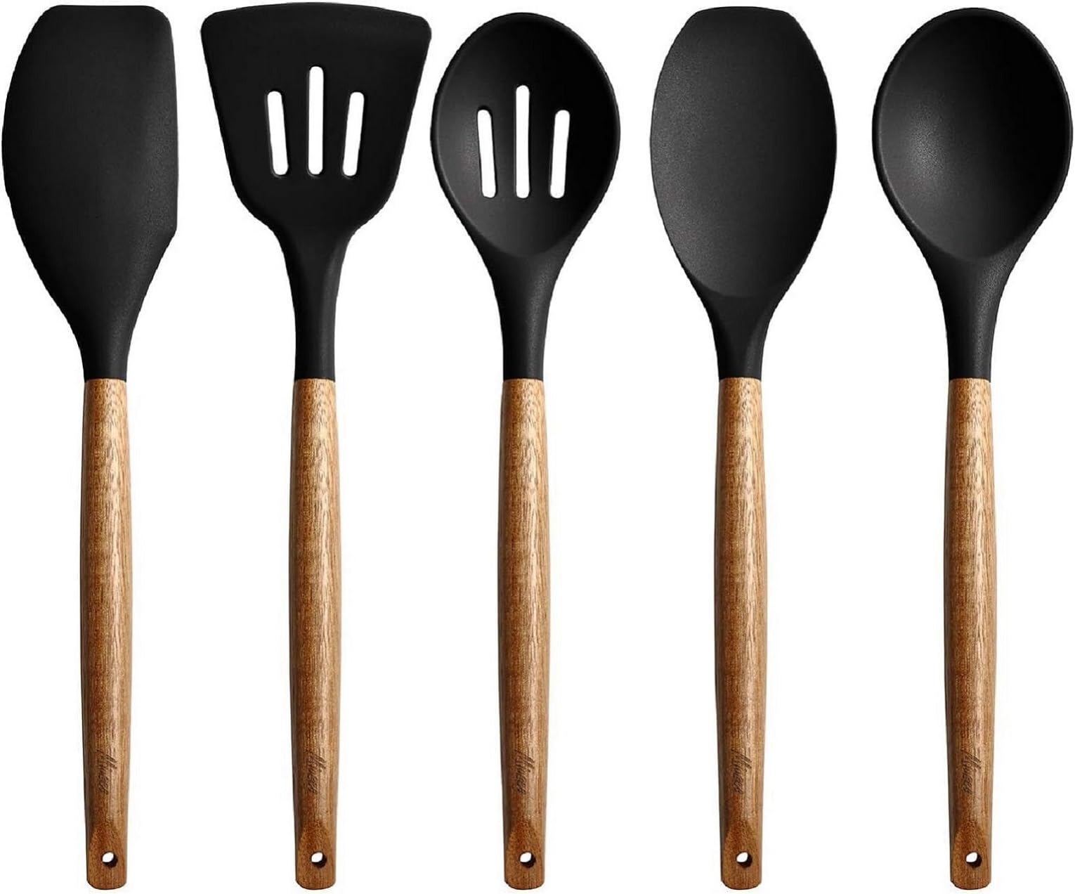 Zilltoyin 5 Pcs Black Silicone Cooking Utensil Set With Natural Acacia Hardwood Handle, Silicone Spatula Set For Kitchen, Cookin